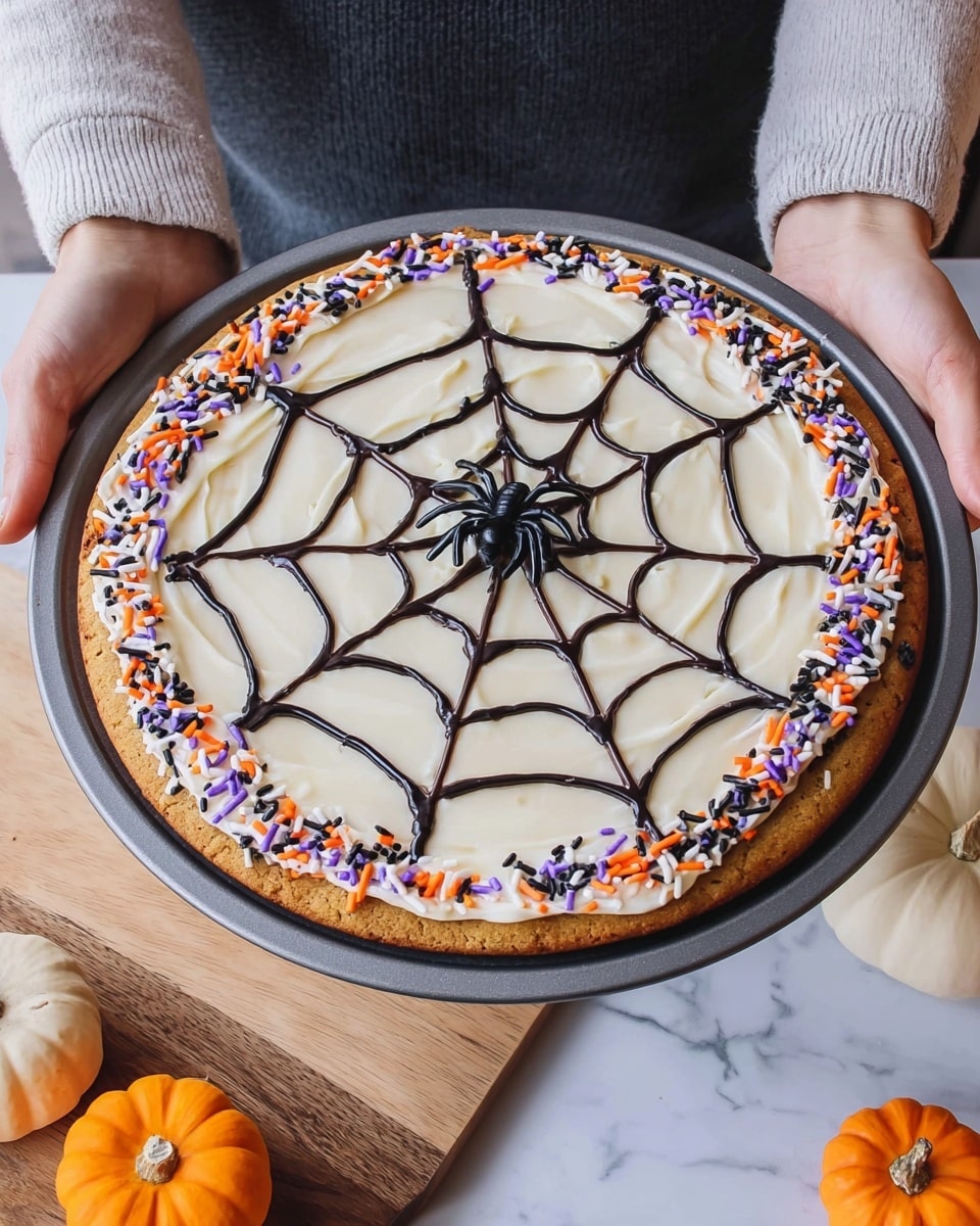 A large round cookie cake with three visible layers: the bottom layer is a golden brown cookie base, the middle layer is a smooth off-white creamy frosting spread evenly across the entire cookie, and the top layer has a spider web design made with thin black icing lines starting from the center and stretching outward in a web pattern. The outer edge of the cookie is decorated with small colorful sprinkles in orange, green, purple, and black. A small black plastic spider sits right in the center of the web. The cookie is held by a woman’s hands over a white marbled surface. Photo taken with an iphone --ar 4:5 --v 7