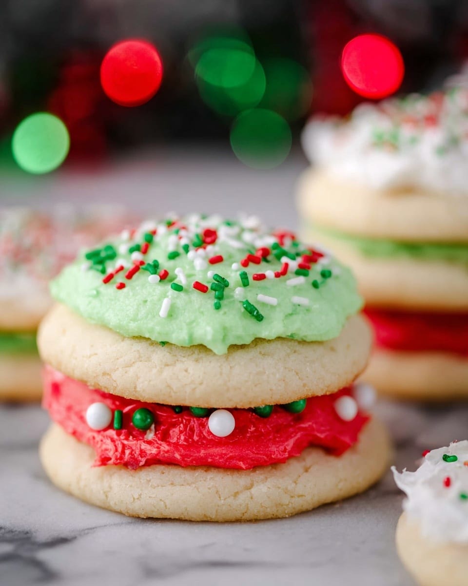 A stack of five round sugar cookies, each with two layers: a light beige cookie base and a colorful frosting layer on top. The top cookie has a thick, textured green frosting sprinkled with red, green, and white rod-shaped sprinkles plus small white snowflake shapes. Below that, a cookie has a white frosting layer decorated with small green and red sugar crystals. The next cookie shows green frosting, followed by one with bright red frosting at the bottom that is smooth with some small white round sprinkles. The cookies sit on a glossy black surface with blurred festive lights in red, green, and yellow in the background, all set on a white marbled texture. Photo taken with an iphone --ar 4:5 --v 7