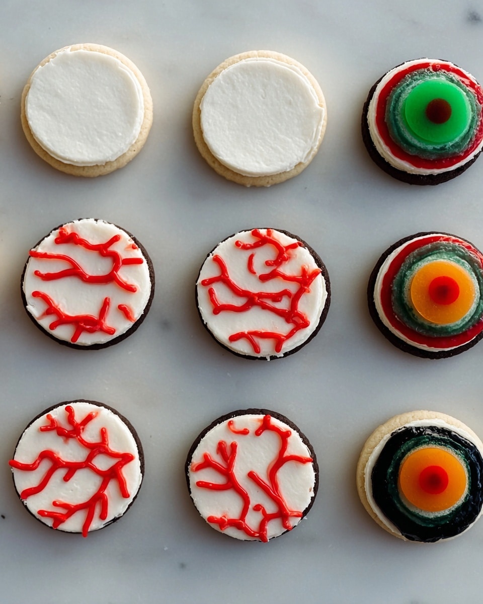 The image shows four rows of white cream-filled round cookies on a white marbled surface. The first column has three cookies with only the white cream layer visible. The second column shows three cookies with red squiggly lines drawn on top of the white cream, resembling blood vessels. The third column has cookies with the red squiggly lines plus a layered round piece on top: a green circle on the top cookie, a red circle on the middle cookie, and an orange circle on the bottom cookie. The fourth column has cookies with the red squiggly lines and a round piece with a smaller black circle in the center: green and black for the top cookie, red and black for the middle cookie, and orange and black for the bottom cookie. Photo taken with an iphone --ar 4:5 --v 7