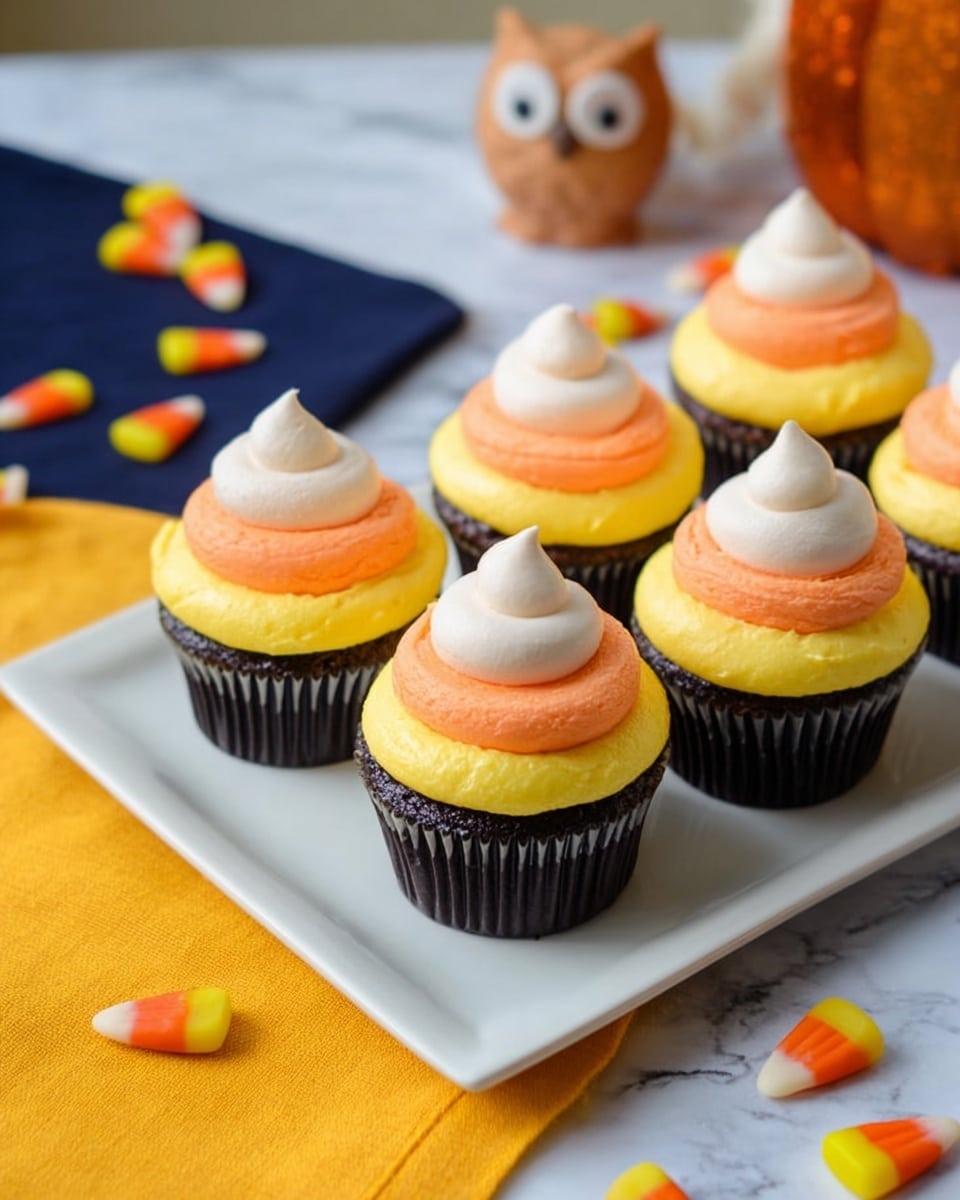 Five cupcakes are arranged on a white square plate placed on a white marbled surface, with a yellow cloth and a navy blue cloth decorated with candy corn nearby. Each cupcake has three visible layers of frosting: the bottom layer is bright yellow and smooth, the middle layer is orange and slightly textured, and the top layer is a small white swirl with a soft, fluffy appearance. The cupcake liners are black, creating a strong contrast with the colorful frosting layers. In the background, there is a small decoration shaped like an owl in soft brownish colors. photo taken with an iphone --ar 4:5 --v 7