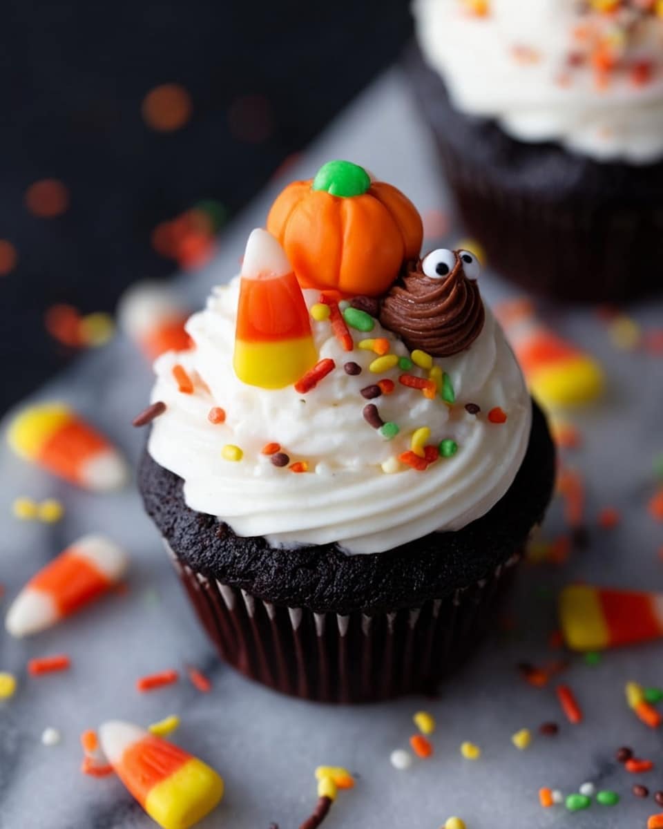A dark chocolate cupcake is topped with a thick swirl of white frosting. On top, there are small colorful sprinkles in red, orange, yellow, green, and brown scattered around. There is a small orange pumpkin made of candy with a green stem placed on the frosting. Next to the pumpkin is a candy corn with yellow, orange, and white layers. A dollop of brown frosting sits beside the pumpkin and candy corn, and a single candy eye rests next to the sprinkles. The cupcake is on a white marbled surface with colorful sprinkles and candy pieces scattered around. photo taken with an iphone --ar 4:5 --v 7