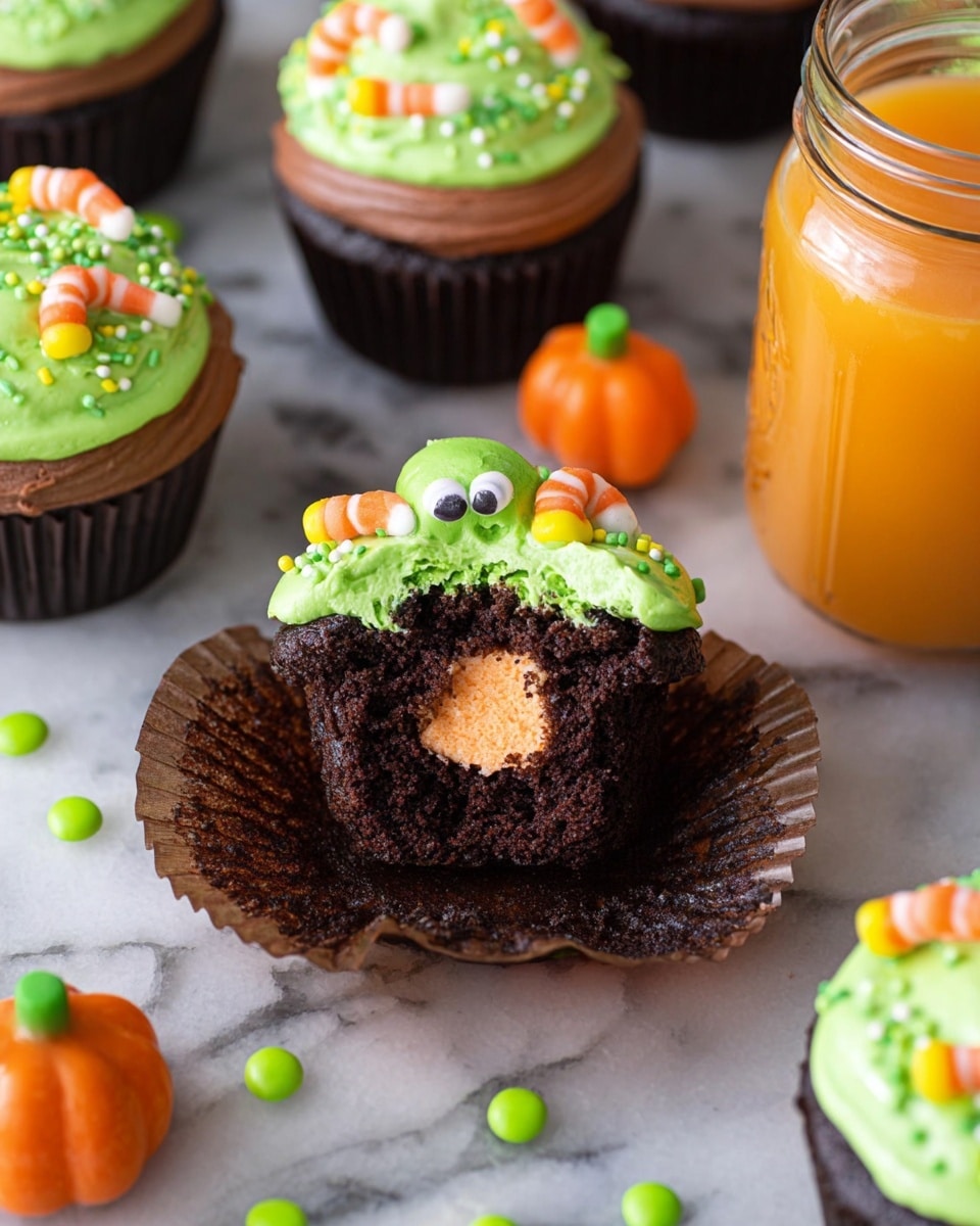 A chocolate cupcake is shown with a bite taken out to reveal a soft orange cream center. The cupcake has three icing layers on top starting with a smooth brown chocolate base, then a thick bright green frosting with small round green sprinkles, and candy worm pieces in various colors sticking out. The cupcake wrapper is dark brown and crinkled. Around it are whole cupcakes with the same frosting and candy design on white marbled surface, along with small orange pumpkin-shaped candies and scattered green round sprinkles. A clear mason jar filled with orange liquid is also partially visible. photo taken with an iphone --ar 4:5 --v 7