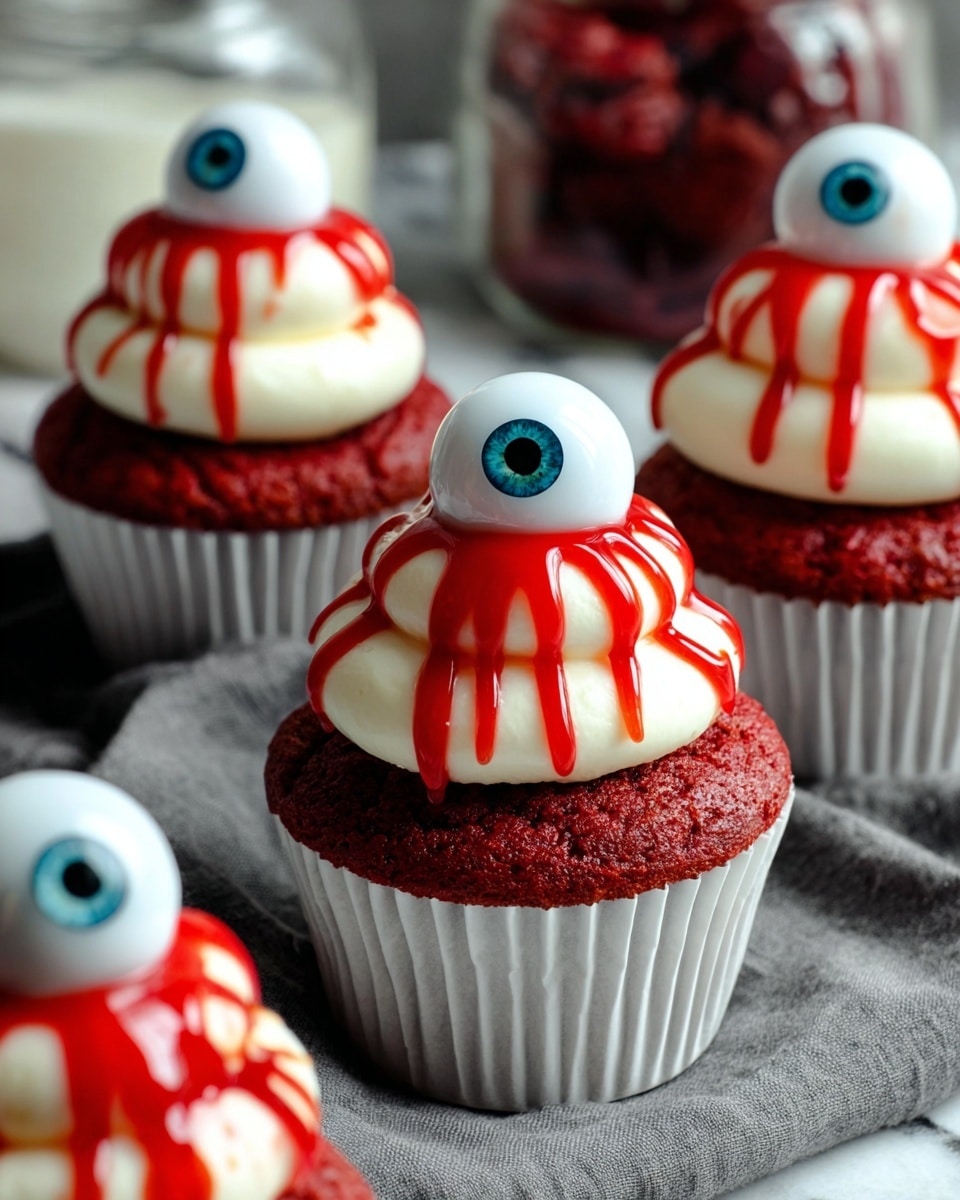 The image shows four red velvet cupcakes, each with three thick layers of smooth white frosting swirled in a tall spiral on top. Bright red syrup drips over the frosting, looking like fake blood. Each cupcake has a large edible eyeball on top, with a white sclera, a blue iris, and a black pupil, making the cupcakes look like spooky eyeballs. The cupcakes are in white paper liners, and they are placed on a white marbled textured surface with a gray cloth underneath. In the background, there are some blurred objects that look like jars. One cupcake is closest to the camera, making the frosting and red syrup details very clear. Photo taken with an iphone --ar 4:5 --v 7