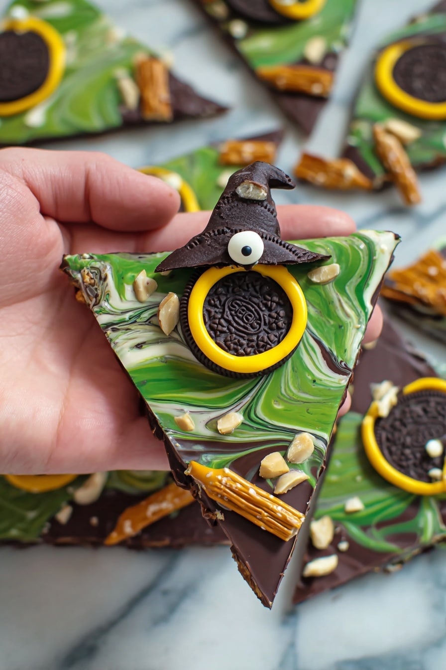 Melted Witch Halloween Bark, Halloween treat ideas, spooky chocolate bark, easy Halloween desserts, DIY Halloween candies - The image shows a hand holding a triangular piece of chocolate bark with three visible layers. The bottom layer is solid dark chocolate with a smooth finish. The middle layer is a swirl of green and white chocolate, creating a marbled effect. On top, there is a decorated Oreo cookie with a small chocolate witch hat in the center, outlined with a bright yellow ring of icing. Around the bark, there are small white candy eyes and slivers of white nuts scattered. The piece is finished with pretzel sticks dipped in chocolate placed diagonally at the edges, creating a broomstick look. The background is a white marbled surface with more similar chocolate bark pieces nearby. Photo taken with an iphone --ar 2:3 --v 7