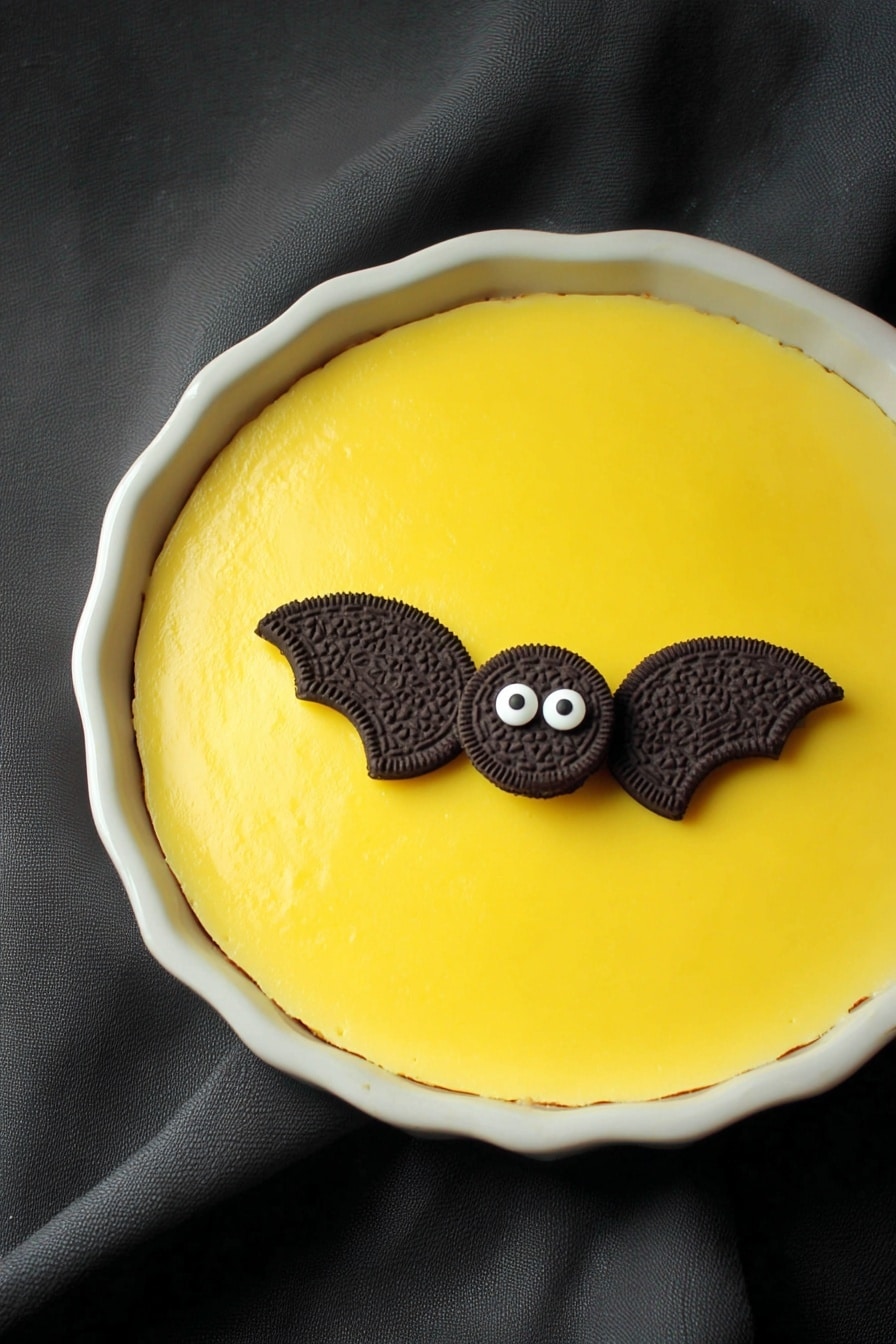 No Bake Boston Cream Halloween Pie, Halloween dessert, no bake pie recipe, spooky Halloween treat, easy Halloween dessert - The dish is a round cake with a smooth, bright yellow layer of icing covering the top. On the surface, there are two small bat decorations made from dark chocolate sandwich cookies, with each bat having half of the cookie as wings and small white candy eyes placed in the middle of the bat shape. The cake sits inside a white bowl, and the background has a white marbled texture. photo taken with an iphone --ar 2:3 --v 7