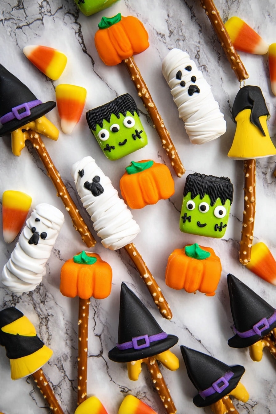 Halloween Pretzels with Fondant Decorations, Halloween pretzels, festive Halloween treats, spooky snack ideas, easy Halloween dessert - The image shows a collection of Halloween-themed treats made with pretzel sticks as handles, each topped with different colorful fondant or candy shapes. There are orange pumpkin shapes with green stems, white mummy heads with black eyes wrapped in white fondant bands, green Frankenstein faces with black hair and stitched mouths, yellow and white candy corn shapes with an orange base, black bats with yellow eyes, and black witch hats with purple bands. The pretzels are scattered on a white marbled surface, creating a festive and playful arrangement. photo taken with an iphone --ar 2:3 --v 7