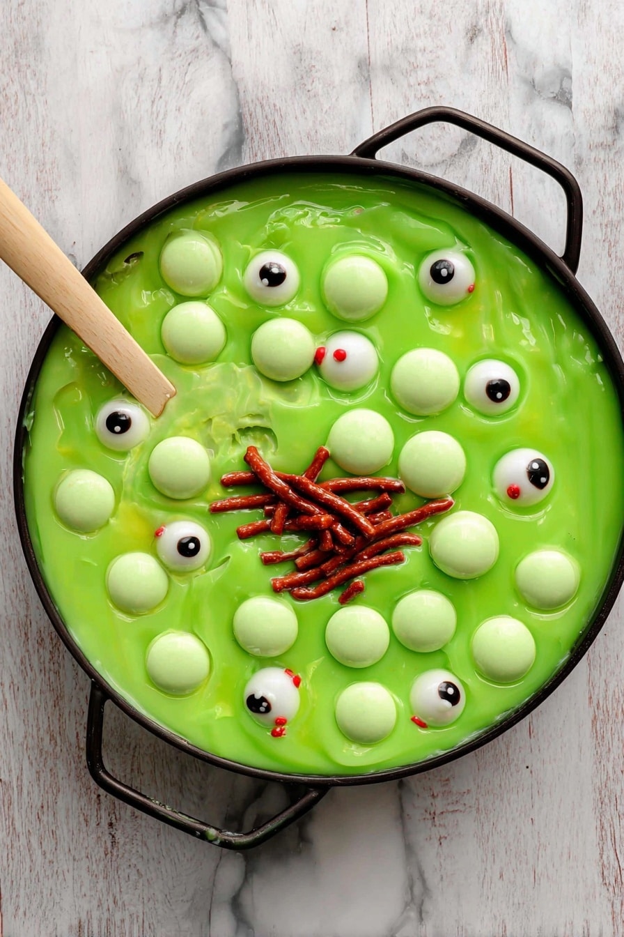 Witches Brew Halloween Trifle, Halloween dessert ideas, spooky trifle recipes, easy Halloween party desserts, festive Halloween sweets - This image shows a large black bowl and a small clear glass bowl filled with a green, slimy jelly-like dessert. Both bowls have a layer of bright green bubbles on top, resembling slime, with several candy eyeballs scattered among the green bubbles. In the center of the green layer, there is a cluster of reddish-brown licorice sticks that look like worms. The bowls rest on a wooden surface, and a spoon is placed in the smaller bowl with one licorice sticking onto it. The overall look is playful and spooky, like a Halloween treat. Photo taken with an iphone --ar 2:3 --v 7