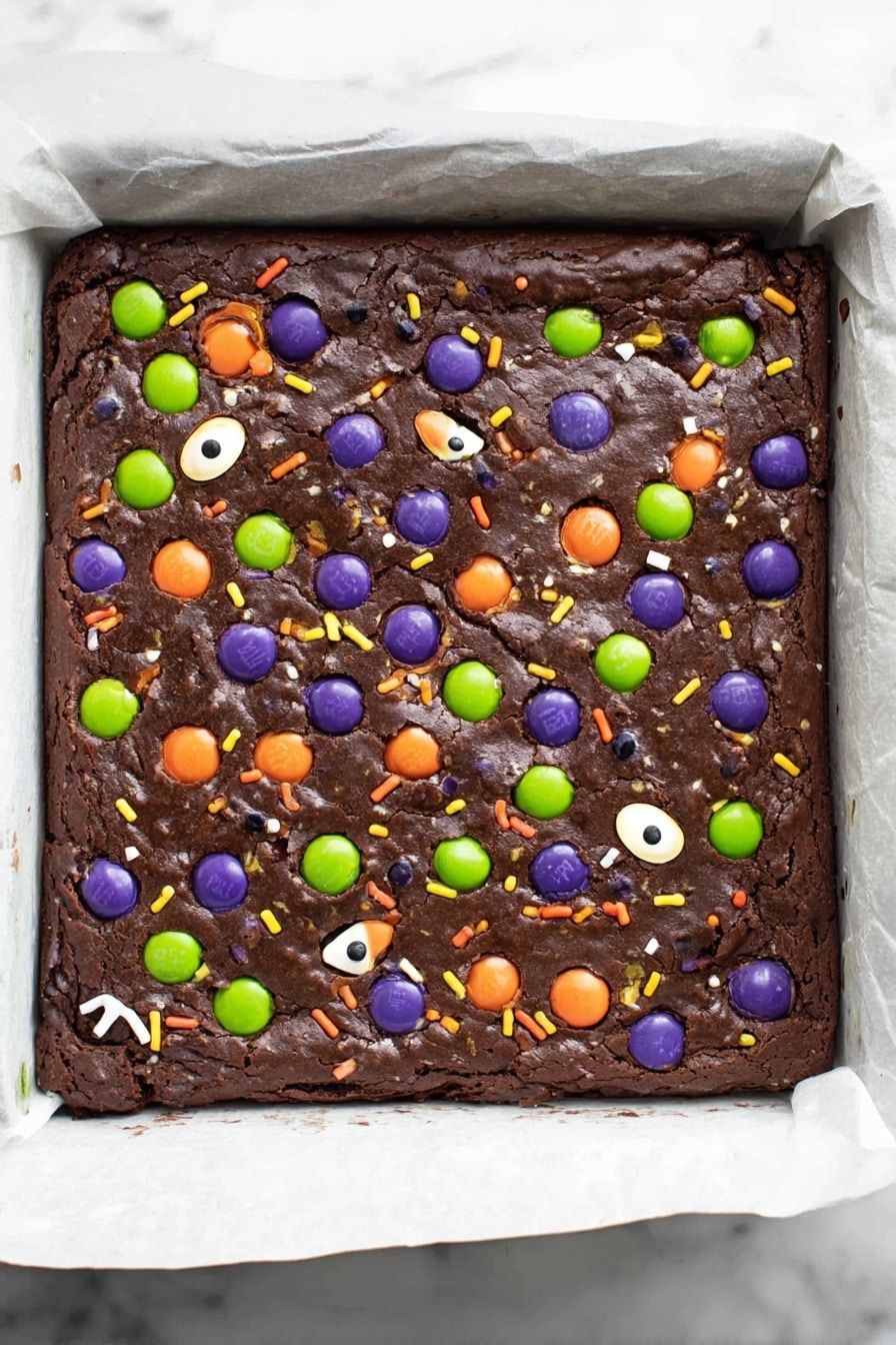 The Best Halloween Brownies, Halloween Brownies with M&Ms and Candy Eyeballs, Festive Halloween Brownies, Fudgy Halloween Brownies, Easy Halloween Dessert - A square, thick chocolate brownie sits on a sheet of white parchment paper inside a white baking pan. The brownie has a rich brown color with a slightly cracked top, scattered generously with colorful round purple, green, and orange candy-coated chocolates. There are also small black, orange, green, and purple sprinkles, along with a few small white candy shapes and pairs of candy eyeballs spread unevenly across the surface. The brownie edges are firm and the texture appears dense and fudgy. The baking pan rests on a white marbled surface. Photo taken with an iphone --ar 2:3 --v 7