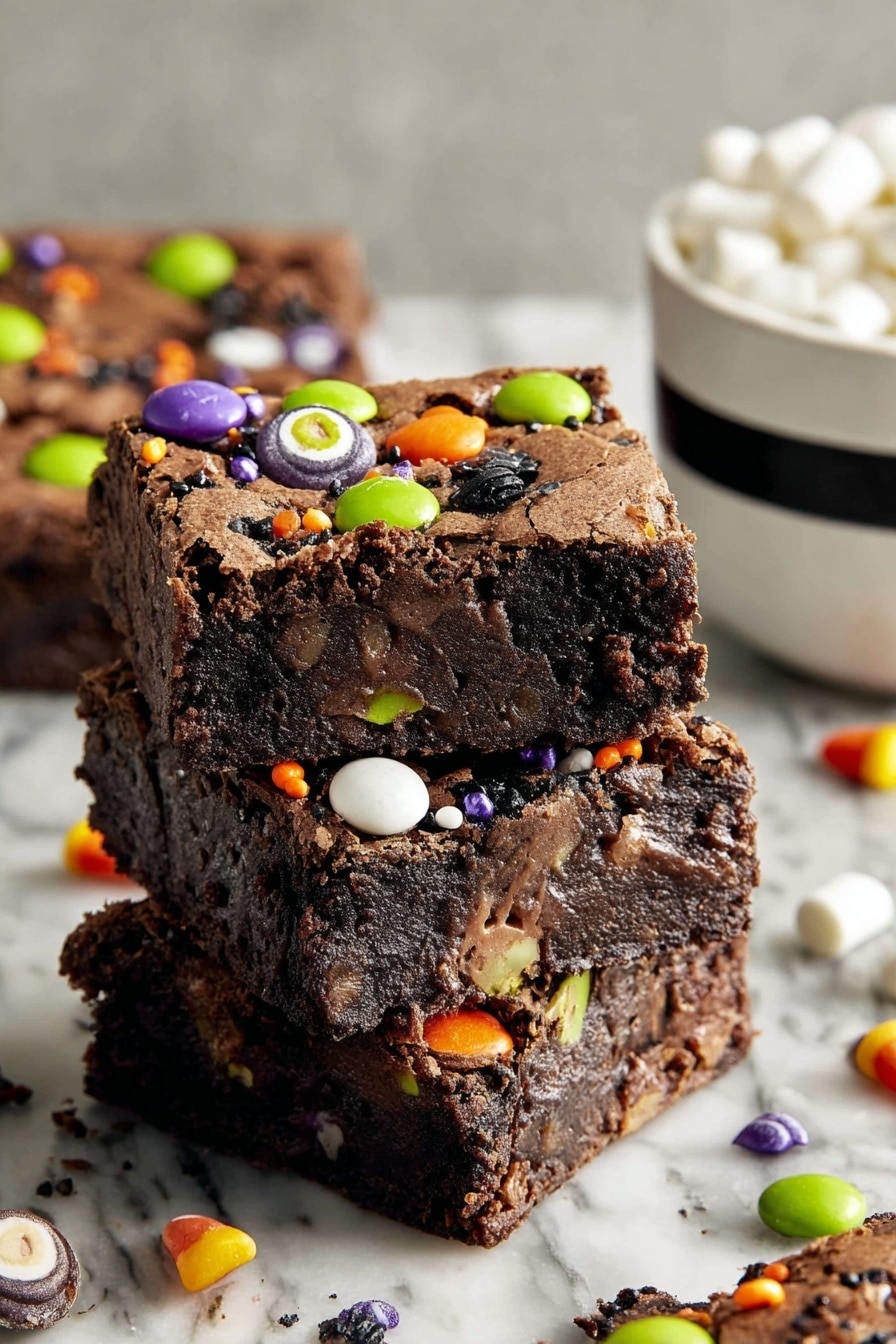 The Best Halloween Brownies, Halloween Brownies with M&Ms and Candy Eyeballs, Festive Halloween Brownies, Fudgy Halloween Brownies, Easy Halloween Dessert - The image shows three stacked chocolate brownies with a soft, crumbly texture. Each brownie is dark brown and decorated on top with colorful candy pieces in green, orange, purple, and white, along with small orange, black, green, and purple sprinkles scattered across. The top layer has a slightly cracked surface revealing the rich, dense inside. The brownies are on a white marbled surface, and in the background, there is a white bowl with a black stripe filled with white candy pieces. Photo taken with an iphone --ar 2:3 --v 7