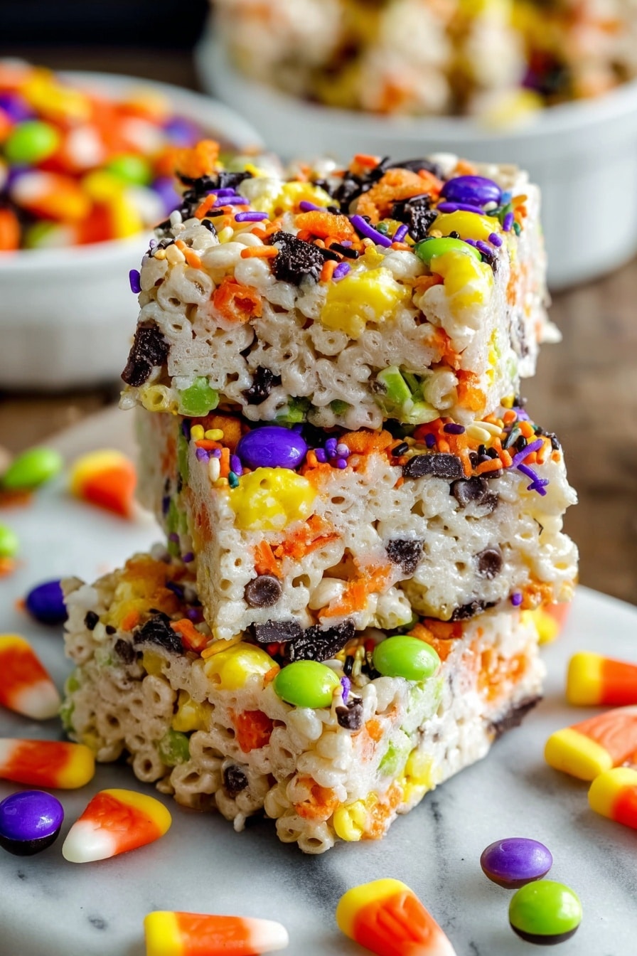 Halloween Rice Krispies Treats, Halloween treats, festive Rice Krispies squares, spooky Halloween dessert, easy Halloween party snacks - The image shows a stack of three square rice cereal treat bars. Each bar is creamy white with a sticky texture and has colorful candy pieces mixed throughout. The candies include bright orange, yellow, purple, green, and black sprinkle bits, as well as candy corn and small round chocolate-coated candies in orange, green, purple, and yellow. The bars have a bumpy surface with some melted chocolate pieces visible. Around the base, more candy-coated chocolates and candy corn pieces are scattered, all on a white marbled surface with blurred white bowls holding more candies in the background. Photo taken with an iphone --ar 2:3 --v 7