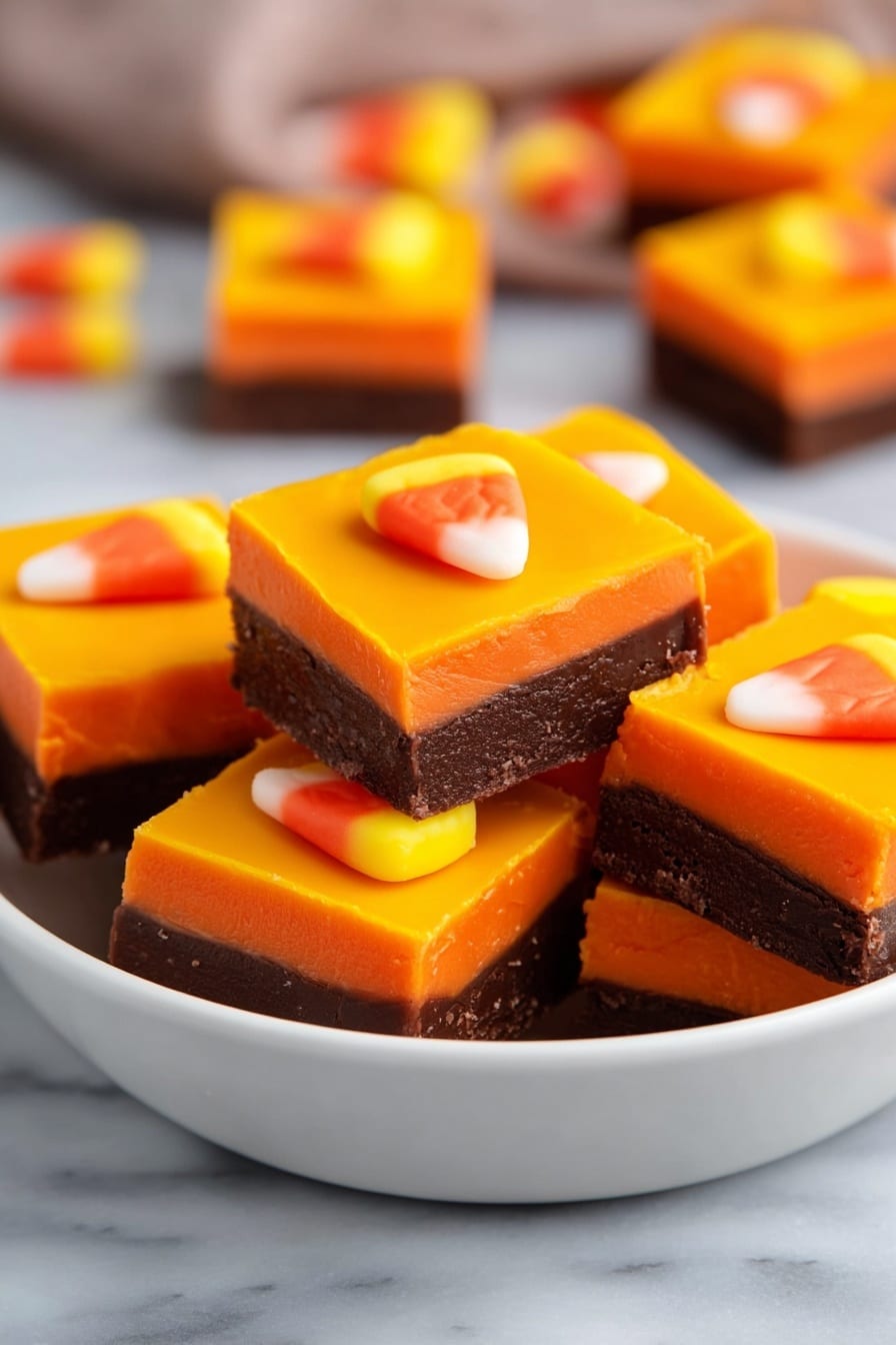 Halloween Fudge, festive Halloween treats, easy holiday fudge, no-bake Halloween desserts, candy corn fudge - A white bowl filled with square layered treats, each having two distinct layers: a thick dark brown bottom layer and a vibrant orange top layer. On the very top of each square is a small candy shaped like a candy corn, featuring three colors: yellow at the base, orange in the middle, and white at the tip. The bowl sits on a white marbled surface. In the background, parts of more treats and candy can be seen, softly blurred. photo taken with an iphone --ar 2:3 --v 7
