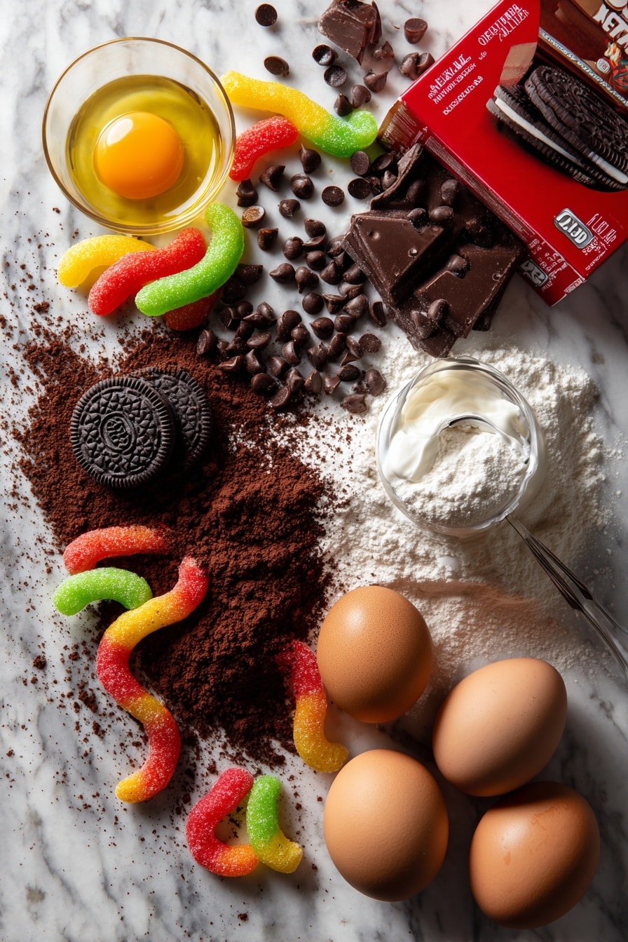 Dirt and Worm Cake Mix Cookies, chocolate cake mix cookies, gummy worm cookies, fun dessert recipes, nostalgic kids' treats - Flat lay of rich dark chocolate cake mix box with deep brown powder spilling slightly, glossy semi-sweet chocolate chips gleaming with smooth texture, creamy white heavy cream in a small glass pouring stream, whole black and white crushed Oreo cookies showcasing their cookie texture and creamy filling, vibrant gummy worms in bright red, orange, yellow, and green colors coiled and intertwined, two large brown eggs with smooth shells, golden vegetable oil glistening in a small puddle, all naturally arranged in a casual yet artistic spread, placed on white marbled surface, photo taken with an iphone --ar 2:3 --v 7