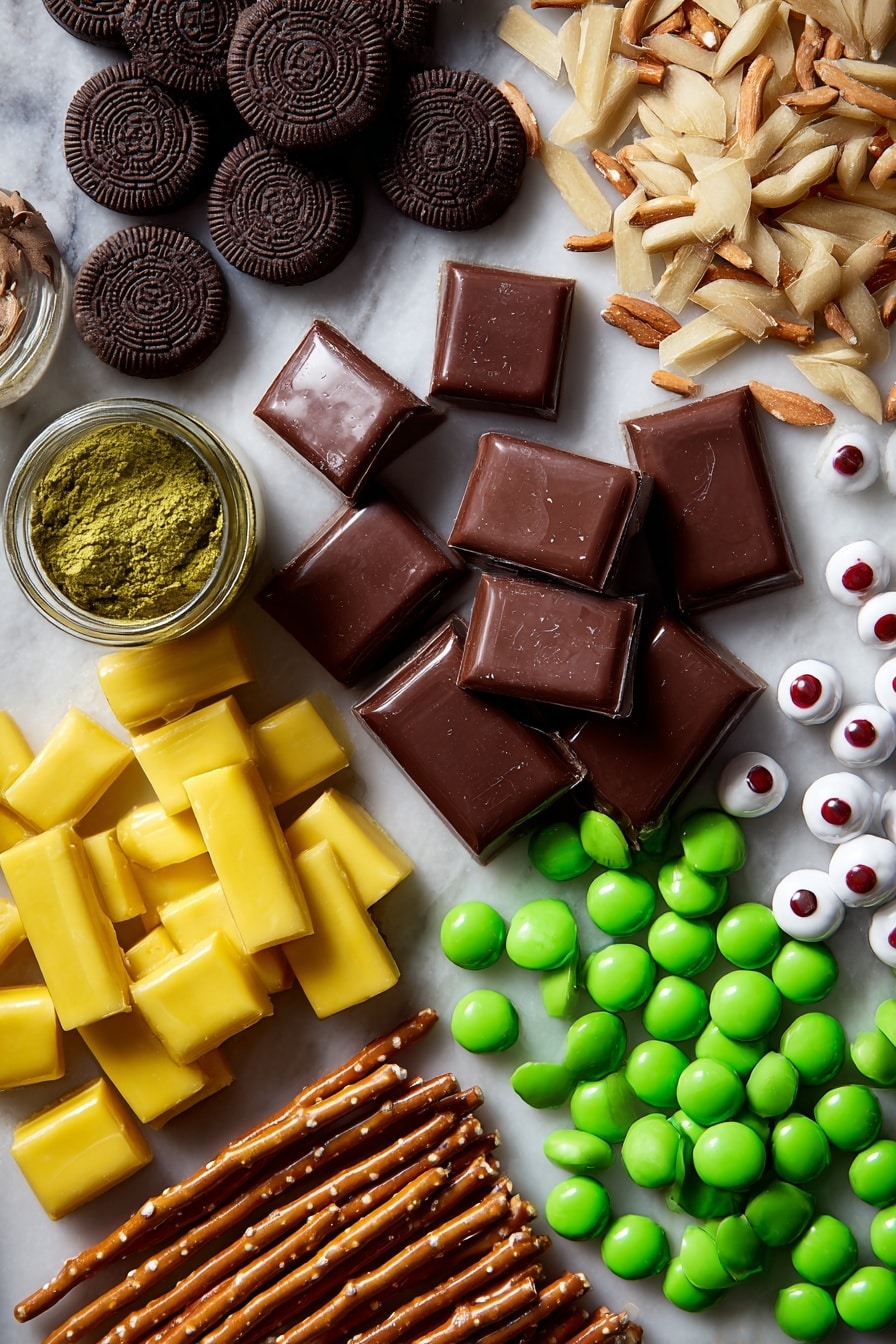 Melted Witch Halloween Bark, Halloween treat ideas, spooky chocolate bark, easy Halloween desserts, DIY Halloween candies - Flat lay of glossy milk chocolate candy melts in smooth chunks, dark semi-sweet chocolate pieces with a rich matte finish, crunchy chocolate cookies with visible cream filling, golden bugles with their crisp texture, twisted yellow fondant ropes softly curved, slender pretzel sticks with a rustic brown color, pale almond slivers arranged in small piles showing their smooth surfaces, bright green candy melts with a shiny, almost glassy look, and small candy eyeballs in white and red with glossy, rounded surfaces, all beautifully arranged with natural spacing and light shadows, placed on white marbled surface, photo taken with an iphone --ar 2:3 --v 7