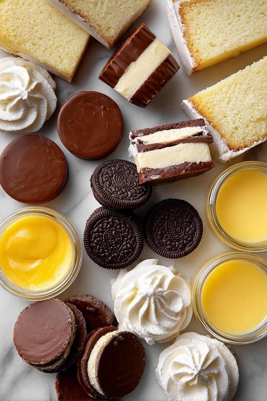 No Bake Boston Cream Halloween Pie, Halloween dessert, no bake pie recipe, spooky Halloween treat, easy Halloween dessert - Flat lay of shiny mini Reese's peanut butter cups with their smooth, rich brown chocolate coating, fresh Oreo chocolate sandwich cookies broken into halves revealing creamy white filling, several dollops of thick, fluffy whipped cream with soft peaks, slices of light and airy white pound cake with a tender crumb, small containers of bright yellow vanilla pudding glowing with a smooth, creamy texture, a small jar of golden yellow gel food coloring showing its vibrant hue, all carefully and naturally arranged with slight overlaps and gentle spacing to highlight each ingredient’s rich colors and textures, placed on white marbled surface, photo taken with an iphone --ar 2:3 --v 7