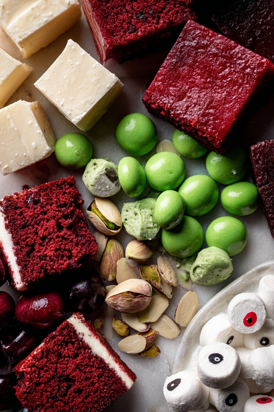 Witches Brew Halloween Trifle, Halloween dessert ideas, spooky trifle recipes, easy Halloween party desserts, festive Halloween sweets - Flat lay of rich red velvet cake chunks with deep burgundy and chocolate hues, vibrant green pistachio pudding in smooth custard texture, glossy bright red cherry pie filling with whole cherries, creamy off-white cream cheese dollops, scattered pale beige sliced almonds, fluffy white whipped cream peaks, shiny large green mint candies, and small white mints decorated with black and red edible markings like eyeballs, all beautifully arranged with contrasting colors and textures placed on white marbled surface, photo taken with an iphone --ar 2:3 --v 7