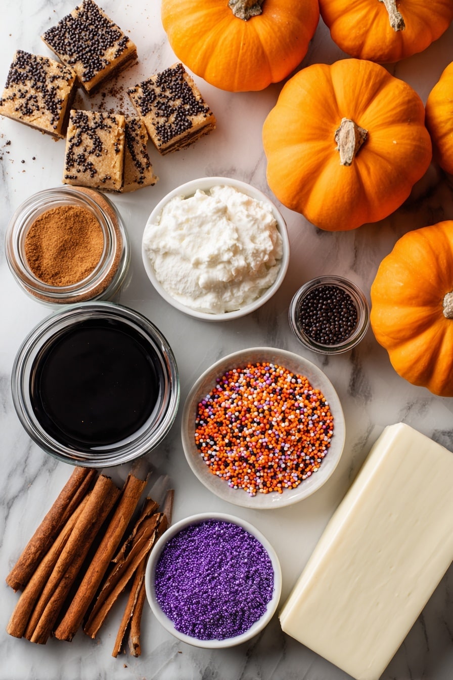 Halloween Pumpkin Spice Cookie Cake, pumpkin spice cookie cake recipe, fall cookie cake, festive Halloween dessert, easy pumpkin spice cookies - Flat lay of bright orange pumpkin, golden brown raw cookie dough chunks speckled with cinnamon and nutmeg, a smooth block of creamy white cream cheese, small jars of warm brown pumpkin spice and rich cinnamon sticks, a small bowl of vibrant multicolored Halloween sprinkles in orange, black, and purple, and a small jar of glossy black gel food coloring, all arranged with natural shadows and soft light placed on white marbled surface, photo taken with an iphone --ar 2:3 --v 7