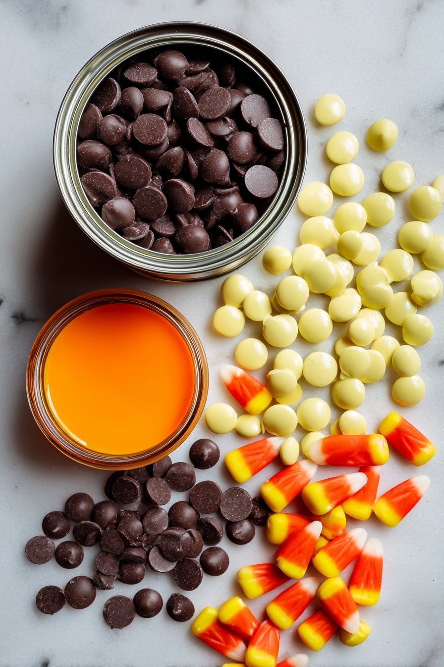 Halloween Fudge, festive Halloween treats, easy holiday fudge, no-bake Halloween desserts, candy corn fudge - Flat lay of rich, glossy semi-sweet chocolate chips in deep brown, smooth white chocolate chips in creamy ivory, a shiny can of sweetened condensed milk with its metallic label, bright orange gel food coloring in a small vibrant jar, and colorful candy corn pieces displaying their classic yellow, orange, and white hues, all arranged naturally with some scattered for texture contrast, placed on white marbled surface, photo taken with an iphone --ar 2:3 --v 7
