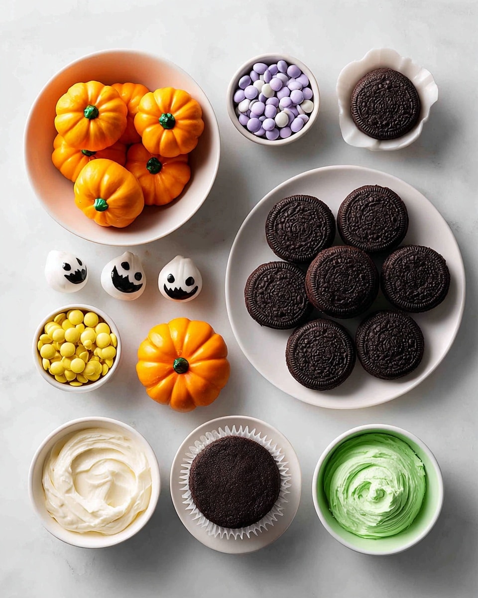 Pumpkin Patch Brownie Bites, mini autumn brownies, Halloween party treats, seasonal dessert ideas, festive brownie bites - Flat lay of rich dark chocolate brownie bites with a soft, fudgy texture, shiny orange candy pumpkins with smooth surfaces, dollops of creamy white vanilla frosting tinted with vibrant green food coloring creating bright grassy swirls, small clusters of fresh green mint leaves adding pops of natural freshness, arranged naturally with slight overlaps and gentle shadows, placed on white marbled surface, photo taken with an iphone --ar 2:3 --v 7