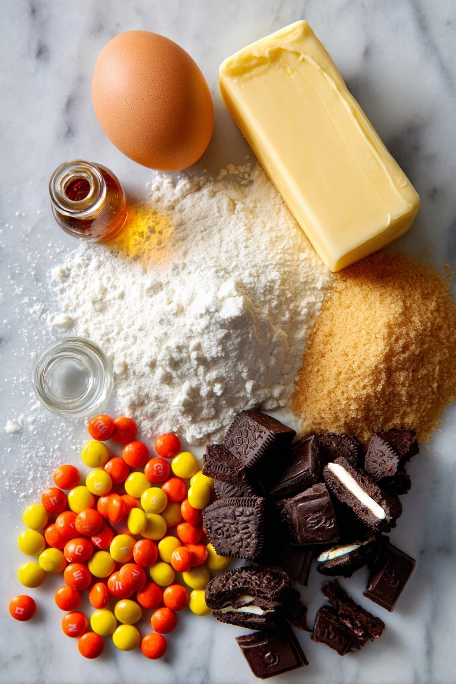 Halloween Oreo M&M’s Cookies, Halloween Oreo cookies, fall cookie recipes, festive Halloween treats, colorful M&M cookie recipe - Flat lay of slightly softened golden butter, rich brown sugar with its coarse texture, fine white granulated sugar, a fresh brown-speckled egg, a small glass vial of clear vanilla extract, a neat mound of soft white flour, smooth white corn starch powder, bright orange, yellow, red, and brown Halloween M&M's candies scattered with glossy shells, and roughly chopped dark chocolate Halloween Oreo cookies with creamy white filling visible, all beautifully arranged in a natural, casual pattern with some crumbs and candy pieces overlapping, placed on white marbled surface, photo taken with an iphone --ar 2:3 --v 7