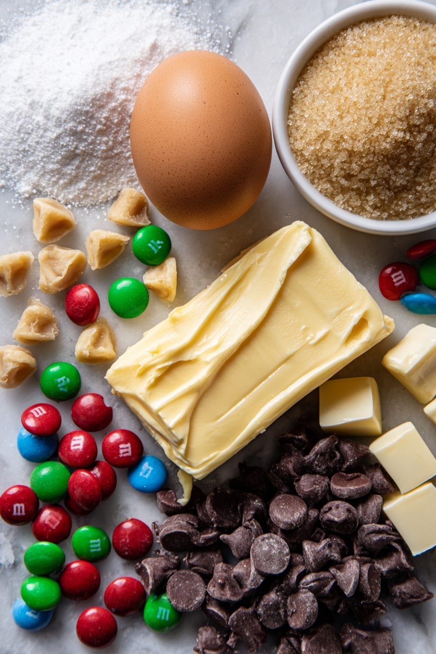 Crumbl Monster Cookie, Monster Cookie recipe, colorful cookie recipe, easy chocolate chip cookies, homemade cookie ideas - Flat lay of soft butter with a creamy pale yellow texture, packed light brown sugar crystals, white granulated sugar sparkling gently, a fresh whole egg with a smooth brown shell, vibrant red, green, yellow, and blue M&M's scattered naturally, creamy peanut butter chips in a soft beige tone, and rich semi-sweet chocolate chips with a deep glossy brown finish, all beautifully arranged in a casual yet balanced manner, placed on white marbled surface, photo taken with an iphone --ar 2:3 --v 7