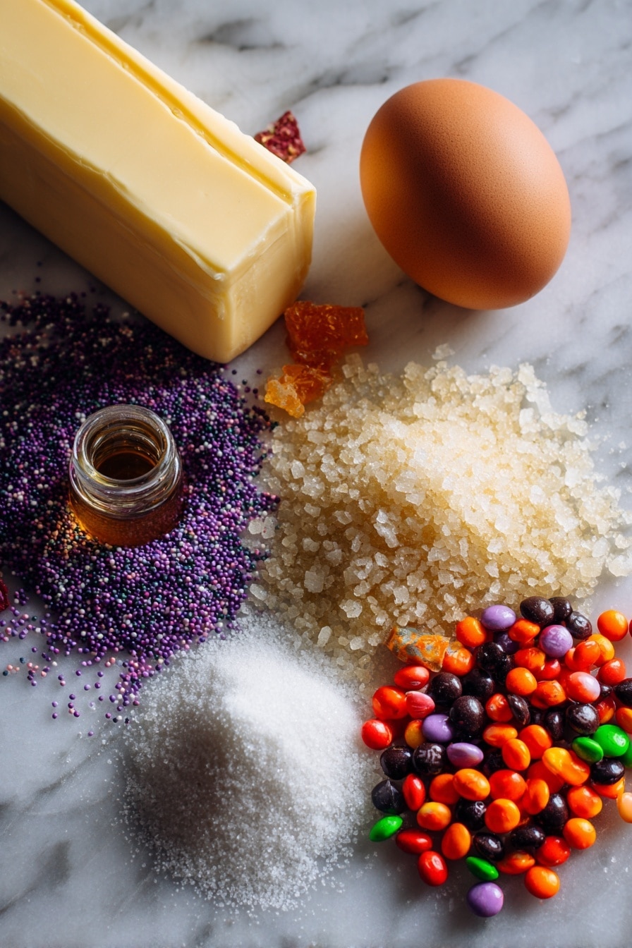 Leftover Halloween Candy Cookies, Halloween candy dessert ideas, chewy Halloween cookies, how to use leftover Halloween candy, easy Halloween cookie recipes - Flat lay of a stick of creamy golden butter, a heap of light and dark brown sugar crystals glistening softly, a smooth brown egg with a clean shell, a small glass vial of pale amber vanilla extract, a mound of fine white granulated sugar, and a handful of colorful, chopped Halloween candies in shades of bright orange, deep purple, vibrant green, and rich red, all naturally scattered with some small white flour dust sprinkled around, placed on white marbled surface, photo taken with an iphone --ar 2:3 --v 7