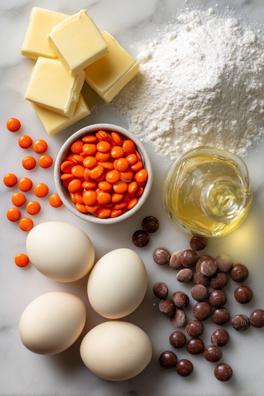 Snowman Face Cookies, Christmas cookies, holiday cookie ideas, winter baking recipes, easy decorated cookies - Flat lay of smooth white powdered sugar piled gently beside soft yellow butter cubes, bright orange round candy pieces scattered delicately, shiny brown regular and mini candy-coated chocolates grouped in small clusters, glossy fresh eggs with a warm cream color, and a pale golden canola oil bottle with a subtle sheen, all naturally arranged with a mix of round and textured shapes, placed on white marbled surface, photo taken with an iphone --ar 2:3 --v 7