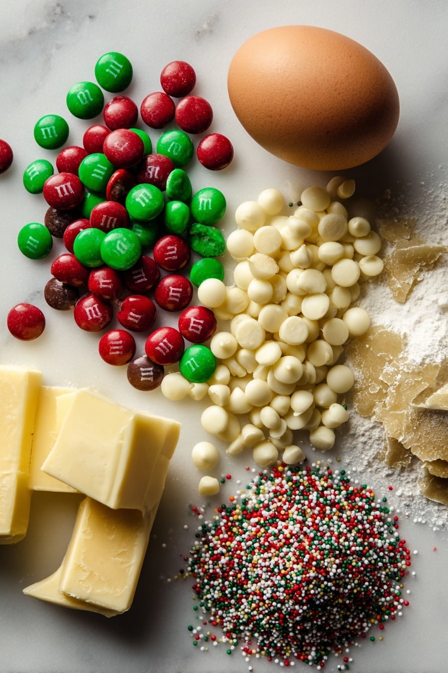 Christmas Cookie Bars, festive cookie bars, easy holiday treats, no-bake Christmas desserts, candy-filled cookie bars - Flat lay of colorful red and green M&Ms scattered alongside creamy white chocolate chips and rich semi-sweet chocolate chips, soft golden brown sugar crystals, smooth pale yellow unsalted butter, fresh large brown egg with a glossy shell, and a small heap of festive multicolored holiday sprinkles, all arranged naturally with slight shadows and textures visible, placed on white marbled surface, photo taken with an iphone --ar 2:3 --v 7