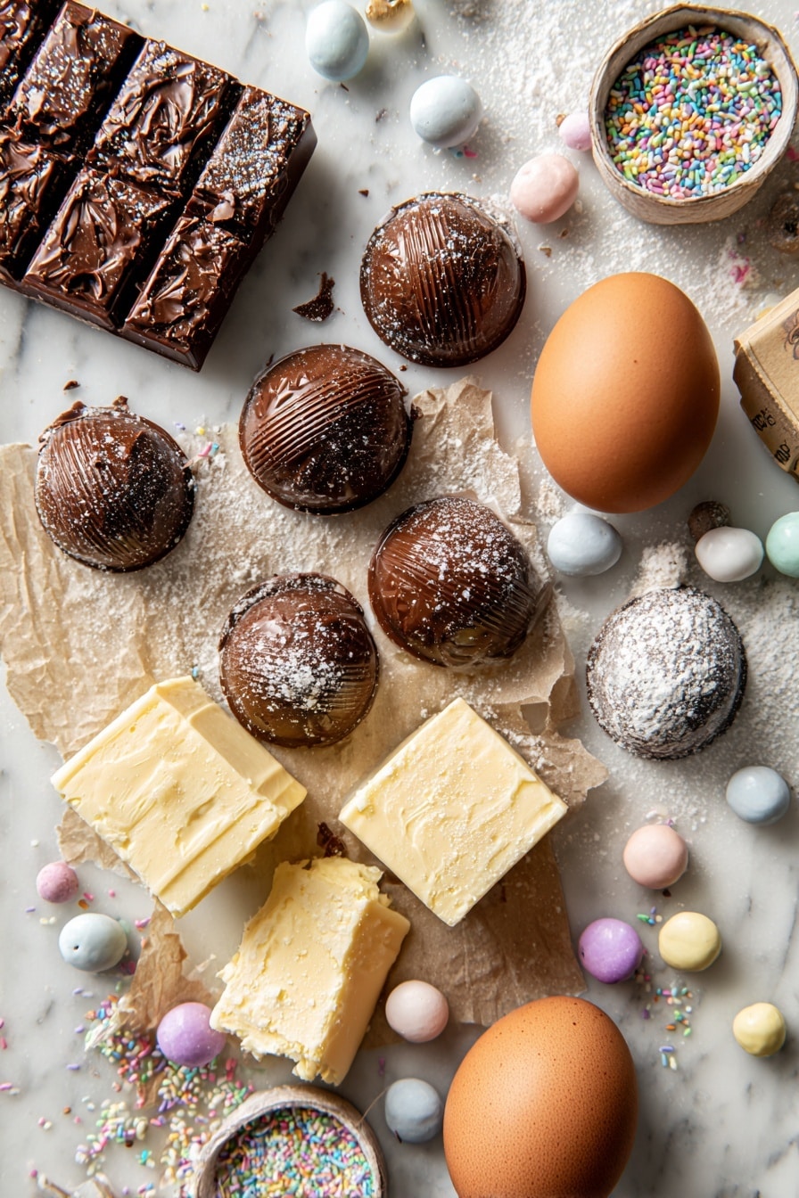 Chocolate Kiss Cookies, Chocolate Kiss Cookies recipe, easy cookie recipes with kisses, soft chocolate cookies, holiday cookie recipes - Flat lay of rich dark chocolate kisses with shiny wrappers removed, soft pale cream cheese blocks, smooth golden butter sticks, a single large brown egg, scattered white granulated sugar crystals, colorful tiny round sprinkles in pastel hues, and a box of deep brown chocolate cake mix partially open, all arranged in a natural, slightly scattered pattern with contrasting textures and soft shadows, placed on white marbled surface, photo taken with an iphone --ar 2:3 --v 7