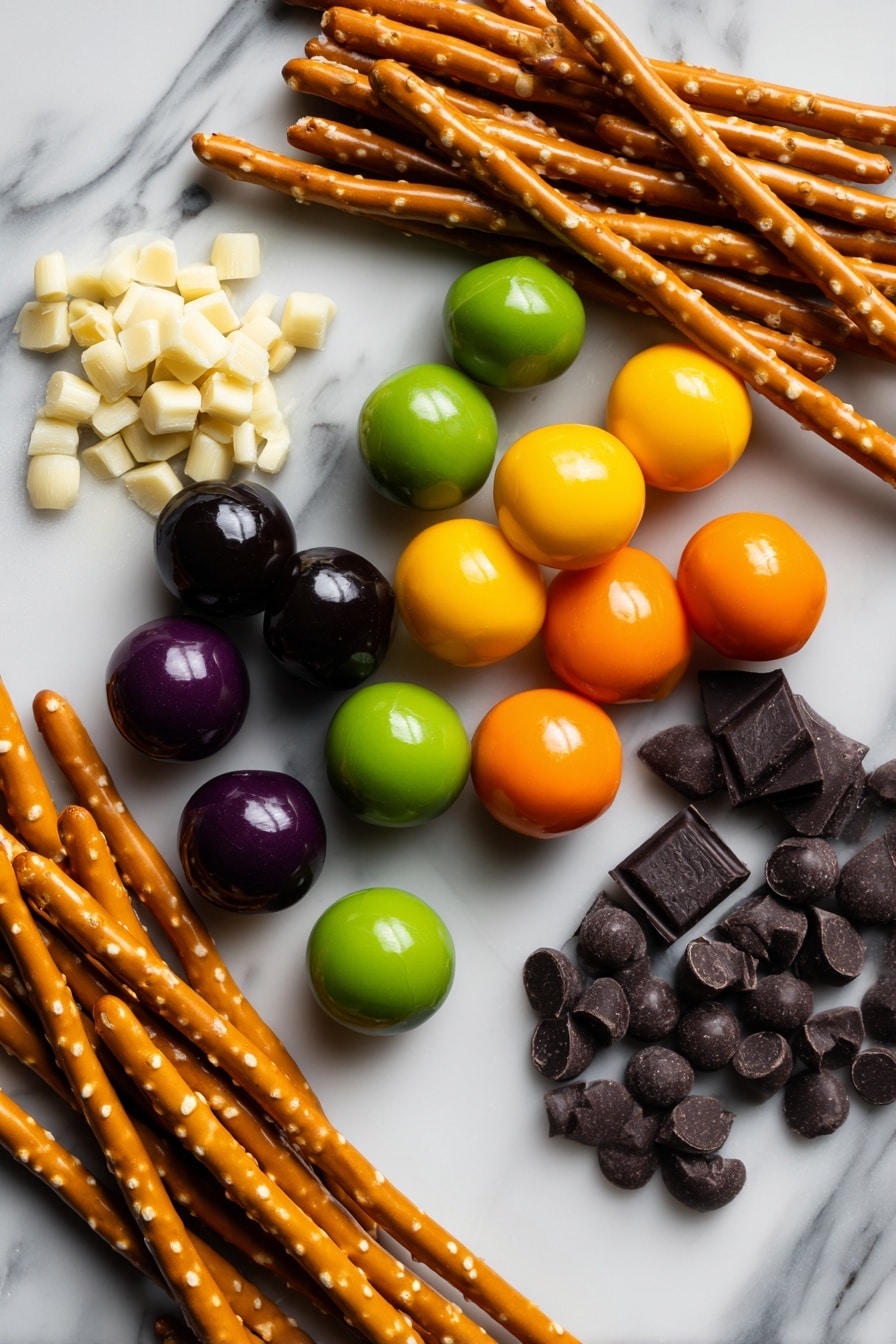 Halloween Pretzels with Fondant Decorations, Halloween pretzels, festive Halloween treats, spooky snack ideas, easy Halloween dessert - Flat lay of golden brown pretzel sticks scattered artistically next to smooth, colorful fondant balls in vivid shades of bright orange, leafy green, sunny yellow, deep purple, and rich black, alongside small piles of creamy white chopped chocolate and glossy dark chocolate chunks with a slight sheen, all arranged naturally to showcase their textures and vibrant hues, placed on white marbled surface, photo taken with an iphone --ar 2:3 --v 7