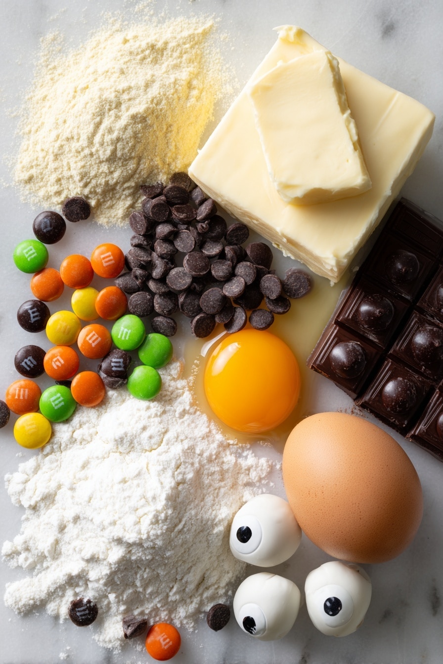 The Best Halloween Brownies, Halloween Brownies with M&Ms and Candy Eyeballs, Festive Halloween Brownies, Fudgy Halloween Brownies, Easy Halloween Dessert - Flat lay of glossy dark chocolate chips clustered next to rich cocoa powder in a soft brown mound, smooth golden vegetable oil pooling gently beside a cracked raw egg with vibrant orange yolk visible, a stick of creamy unsalted butter partially melted with soft edges, bright white granulated sugar sparkling lightly, a neat pile of pale all-purpose flour contrasted with fine white cornstarch, colorful Halloween M&M candies in shades of orange, green, black, and purple scattered playfully alongside whimsical white candy eyeballs with black centers, all thoughtfully arranged with natural shadows and highlights, placed on white marbled surface, photo taken with an iphone --ar 2:3 --v 7