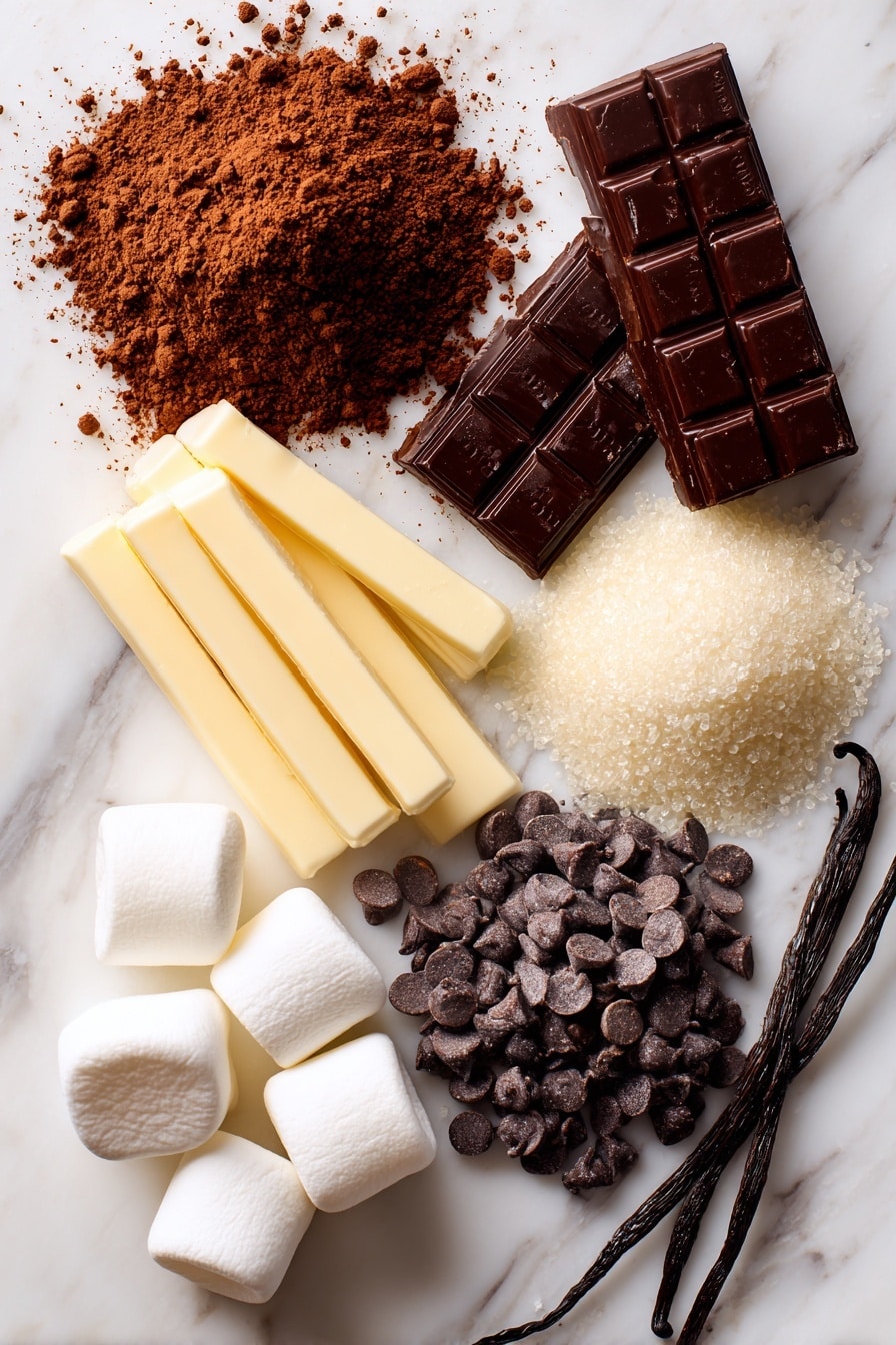 Black Cocoa Brownies with Spider Web Topping, black cocoa brownies, spooky Halloween brownies, fudgy black cocoa dessert, spider web brownies - Flat lay of rich dark cocoa powder in a small heap, smooth pale yellow butter sticks, glossy deep brown semi-sweet chocolate chips scattered, light golden brown sugar crystals, fine white granulated sugar, smooth white eggs with a subtle shine, soft fluffy white mini marshmallows, and delicate pale vanilla beans arranged naturally with a few scattered crumbs for texture contrast, placed on white marbled surface, photo taken with an iphone --ar 2:3 --v 7