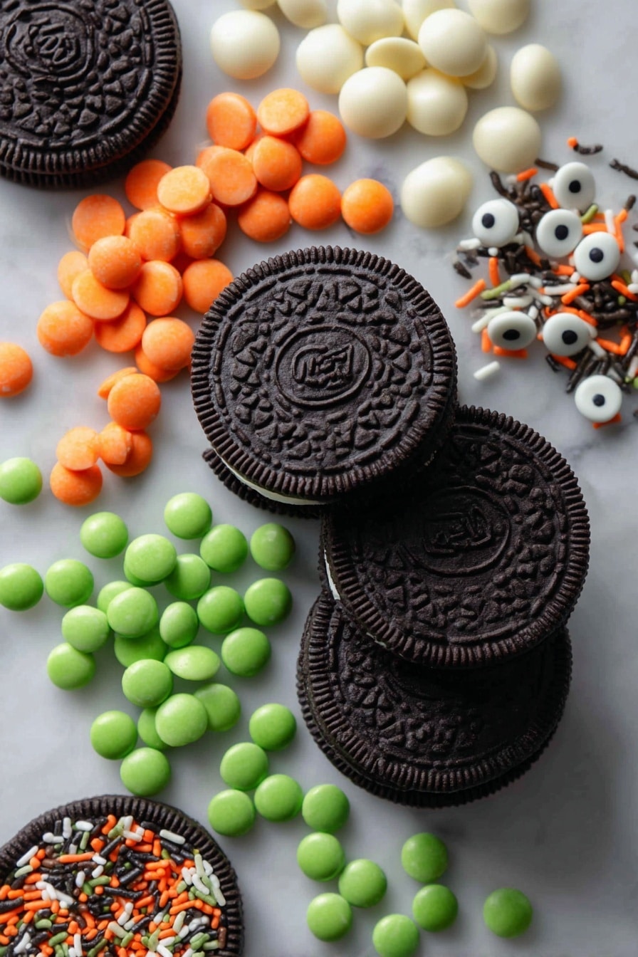 Spooky Halloween Chocolate-Covered Oreos, Halloween Oreo dessert, Halloween treats, Halloween party snacks, festive Halloween candies - Flat lay of a stack of classic black Oreo cookies with their creamy white filling visible, vibrant orange candy melts in smooth chunks, creamy white candy melts in glossy, irregular shapes, rich dark chocolate chips scattered loosely, bright green candy melts broken into pieces, and a handful of colorful Halloween sprinkles including white candy eyes and tiny orange and black confetti sprinkles, all naturally arranged with a mix of textures and colors that pop, placed on white marbled surface, photo taken with an iphone --ar 2:3 --v 7