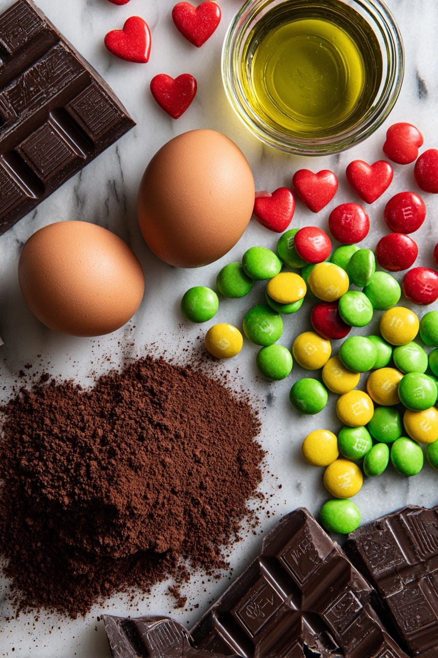 Black Cat Cookies, Halloween cookies, cute chocolate cookies, festive cookie recipes, decorative cookie ideas - Flat lay of rich dark Devil’s Food cake mix box with deep brown cocoa powder spilling beside it, two large glossy brown eggs, smooth golden vegetable oil in a small glass jar, vivid green and bright yellow M&Ms with shiny surfaces, large red heart-shaped sprinkles with a matte texture, slender shiny black licorice sticks, and solid dark brown Hershey chocolate bars broken into triangles, all beautifully arranged in a natural, slightly scattered pattern to highlight textures and colors, placed on white marbled surface, photo taken with an iphone --ar 2:3 --v 7