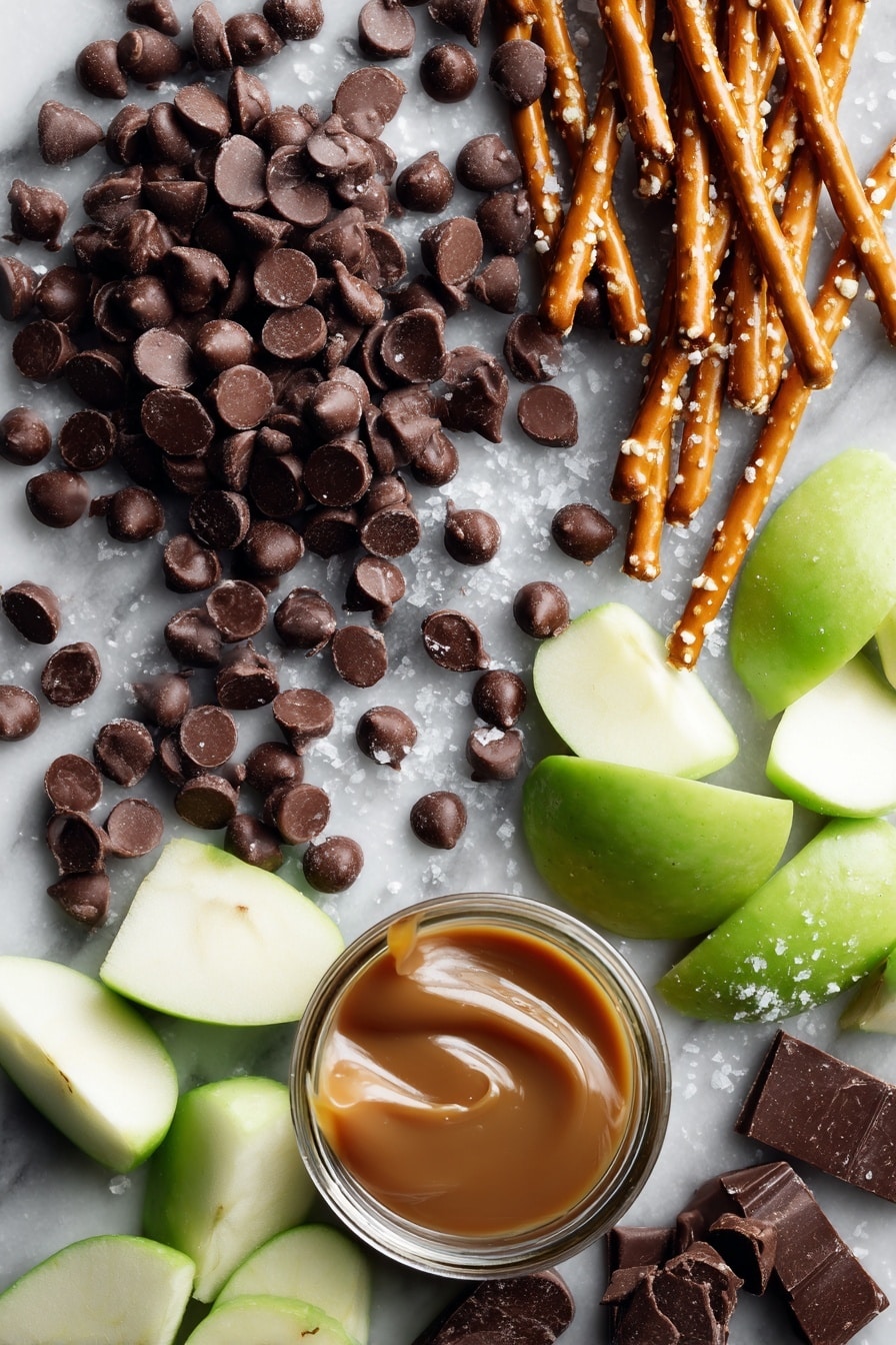 Caramel Apple Pretzel Bark, caramel apple pretzel bark, festive dessert, easy holiday treat, sweet and salty snack - Flat lay of glossy semi-sweet chocolate chips in rich dark brown clusters, long golden pretzel sticks with a crisp texture, bright green apple chunks showing their fresh juicy flesh, smooth golden caramel sauce in a thick drizzle, and delicate white sea salt flakes scattered naturally, all beautifully arranged with a balance of colors and textures, placed on white marbled surface, photo taken with an iphone --ar 2:3 --v 7