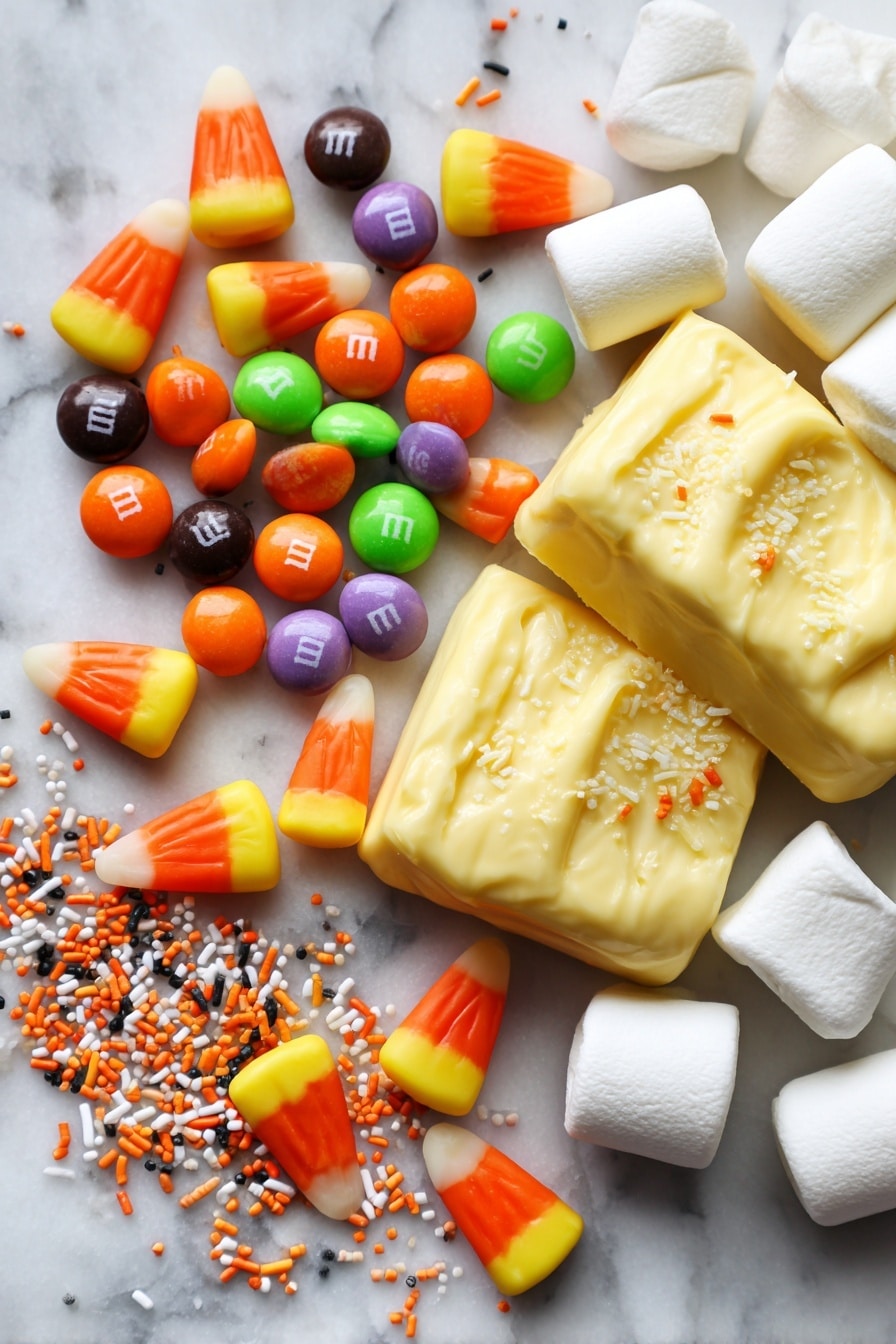 Halloween Rice Krispies Treats, Halloween treats, festive Rice Krispies squares, spooky Halloween dessert, easy Halloween party snacks - Flat lay of bright orange candy corn with smooth, glossy textures, colorful Halloween M&Ms in shades of orange, black, green, and purple, fluffy white mini marshmallows with a soft, pillowy appearance, rich golden yellow unsalted butter blocks with a creamy texture, and tiny orange, black, and white Halloween-themed sprinkles scattered delicately, all arranged in a natural, slightly scattered pattern with pops of vibrant color and varied shapes, placed on white marbled surface, photo taken with an iphone --ar 2:3 --v 7