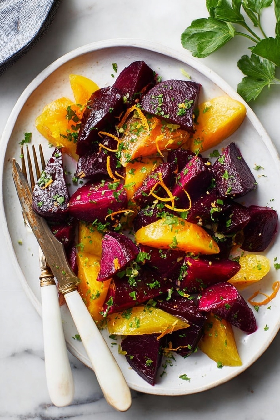 Roasted Beets with Olive Oil, Salt, and Pepper, simple beet side dish, roasted beet recipe, easy roasted beets, healthy beet recipes - The image shows a white plate with many pieces of roasted beets, dark purple and golden yellow in color. The beets have a soft, shiny texture and are mixed with small green chopped herbs sprinkled on top, along with a few thin orange zest strands adding bright contrast. A silver fork and knife with white and brass handles rest on the edge of the plate. The plate sits on a white marbled surface with a few green leaves peeking in the upper right corner. The overall look is fresh, colorful, and vibrant. photo taken with an iphone --ar 2:3 --v 7