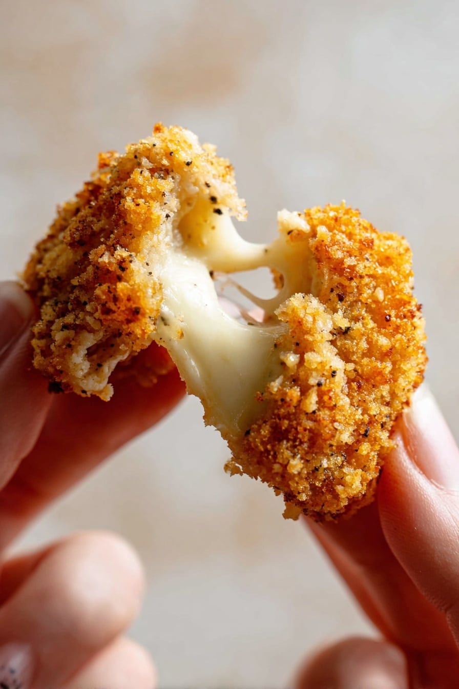 Baked Mozzarella Sticks, crispy baked mozzarella sticks, healthy mozzarella sticks recipe, cheesy baked snacks, easy baked appetizer - A close-up photo of a person's two fingers pulling apart a crispy, crumb-coated fried piece of food, showing melted white, stretchy cheese inside. The crumb coating is golden brown with small black specks, and the background is a soft, blurry white marbled texture. The photo focuses tightly on the texture of the crunchy outside and the smooth cheese inside. photo taken with an iphone --ar 2:3 --v 7