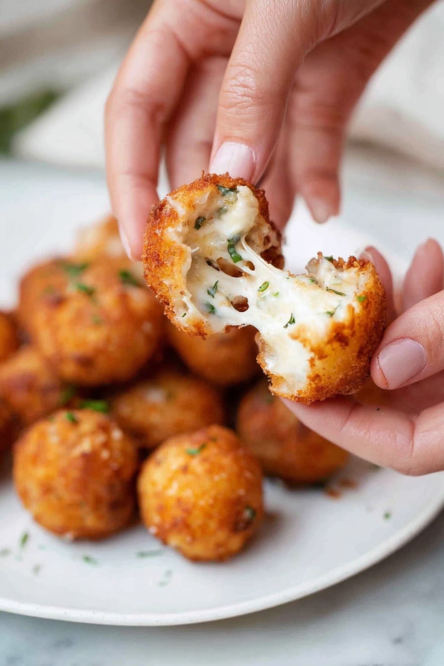 Crispy Mashed Potato Balls with Cheddar and Green Onions, cheesy crispy potato bites, savory mashed potato snacks, easy cheesy potato appetizers, homemade crispy potato balls - The image shows several golden brown fried balls arranged in a loose cluster on a white plate with a white marbled surface background. Each ball has a crispy, textured outer layer with a crunchy appearance. One ball is open, revealing a soft, creamy white inside with small green bits mixed within. Small green herb pieces are scattered lightly around the balls on the plate. Photo taken with an iphone --ar 2:3 --v 7