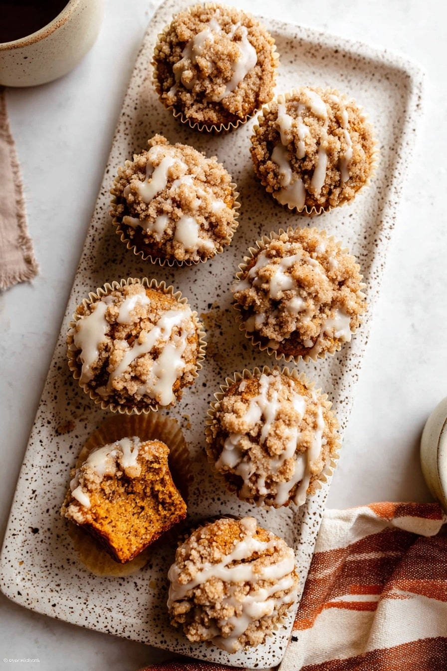 Pumpkin Crumb Cake Muffins, Pumpkin Muffin Recipes, Fall Breakfast Ideas, Easy Pumpkin Muffins, Spiced Pumpkin Baked Goods - The image shows eight crumb-topped muffins on a long white speckled tray, each in a light beige muffin liner. The muffins have a golden-brown color with a thick, crumbly topping that is drizzled with a white glaze. Two muffins at the bottom have a bite taken out, revealing a moist, dense orange-brown interior. The tray sits on a white marbled surface, next to a warm brown and cream striped cloth on the right side, with a small part of a white cup visible on the left edge. photo taken with an iphone --ar 2:3 --v 7
