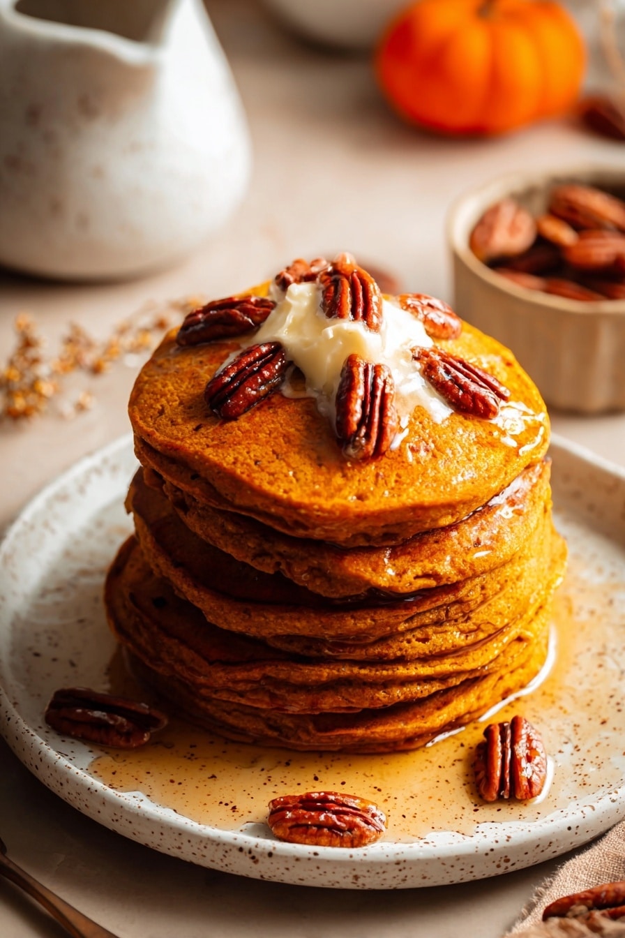 Vegan Pumpkin Pancakes, Pumpkin Pancakes Vegan, Plant-Based Pumpkin Breakfast, Fall Pumpkin Pancakes, Vegan Fluffy Pancakes - A tall stack of five thick pumpkin-colored pancakes sits on a white plate speckled with brown dots, each pancake showing a slightly rough texture with some visible air bubbles. On top of the stack is a dollop of melting pale butter surrounded by shiny amber syrup that drips down the sides. Five glossy pecan halves are placed on top, with some scattered around the plate and table. The background shows a bowl with a white marbled texture and soft focus elements of more pecans and an orange object in a white dish. The scene is warmly lit and close up, photo taken with an iphone --ar 2:3 --v 7
