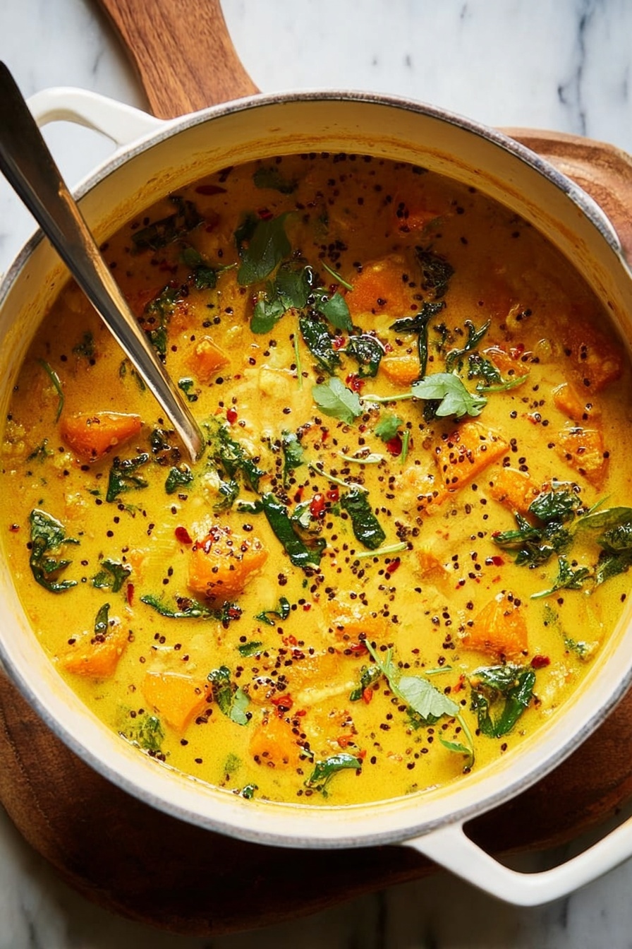 Ginger Sweet Potato and Coconut Milk Stew with Lentils and Kale, hearty vegan stew, healthy coconut sweet potato recipe, comforting lentil kale soup, nourishing plant-based stew - A white pot filled with a thick yellow curry soup layered with chunks of orange vegetables and green leafy herbs scattered on top, with black mustard seeds and red chili flakes sprinkled throughout. The curry has a creamy texture with visible herbs floating and some oil glistening on the surface. A long silver spoon is placed inside the pot resting with its handle sticking out. The pot sits on a white marbled surface with a wooden board partially underneath. Photo taken with an iphone --ar 2:3 --v 7