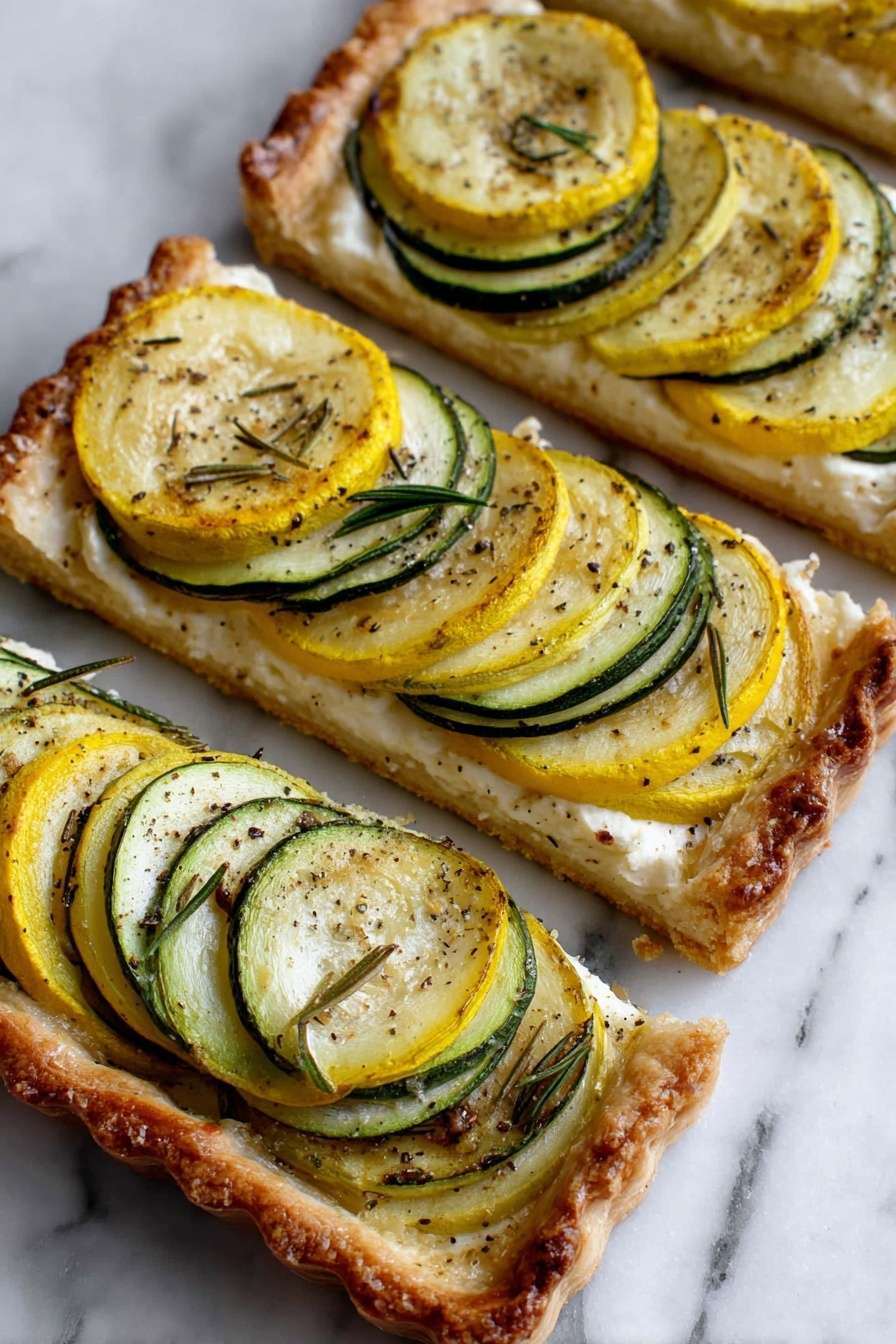 Zucchini and Yellow Squash Tart with Balsamic Drizzle, summer vegetable tart, zucchini squash tart recipes, easy veggie tart, flavorful summer tart - The image shows three long rectangular tart slices on a white marbled surface. Each tart has a golden-brown, crisp pastry crust base with a light cream-colored layer on top. On this creamy layer, there are overlapping thin round slices of green zucchini and yellow squash, alternating in color. The vegetable slices have slightly browned spots and are seasoned with black pepper and small rosemary leaves scattered on top. The edges of the pastry are raised and have a toasted texture, giving a crunchy look. photo taken with an iphone --ar 2:3 --v 7
