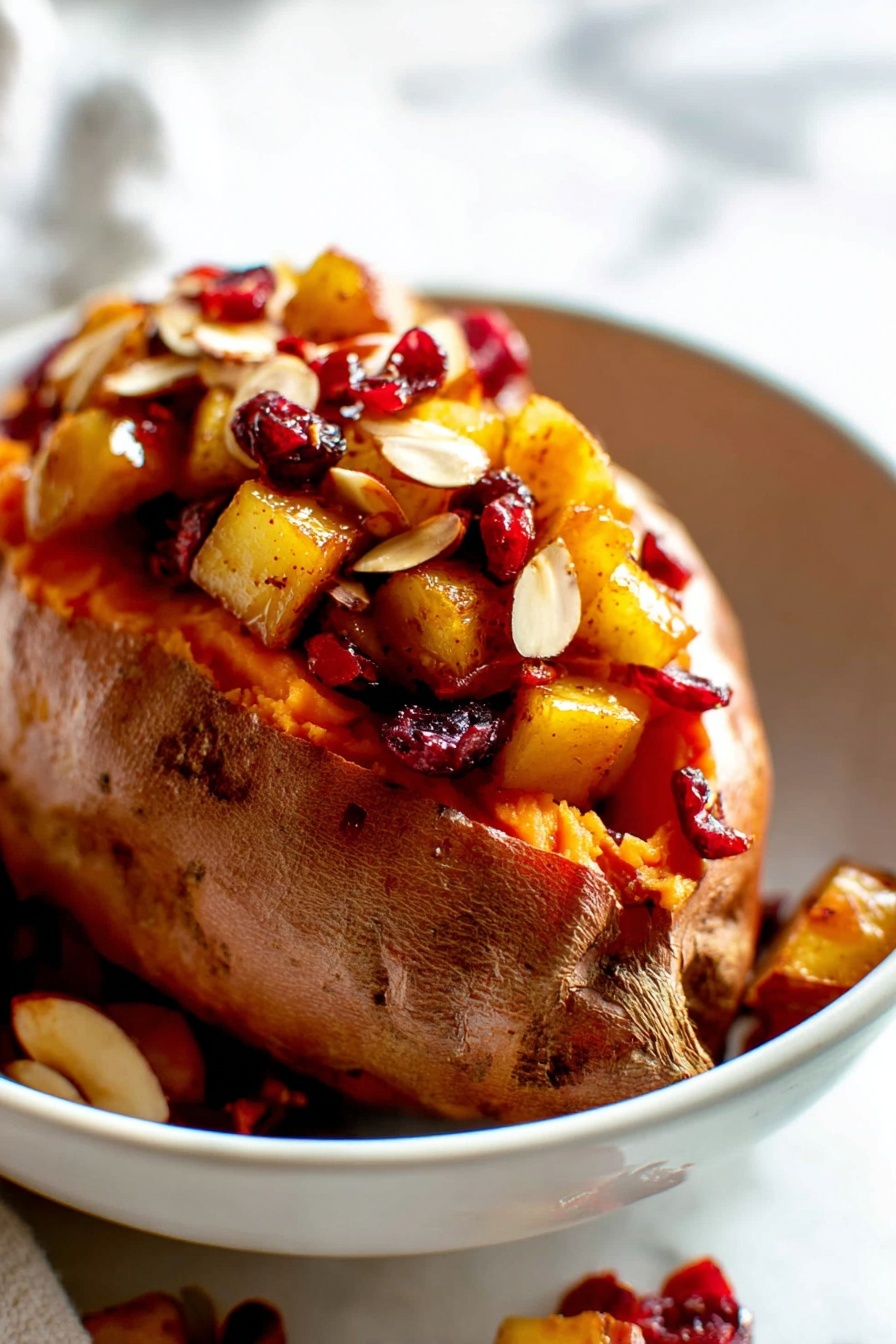 Cranberry Apple Twice-Baked Sweet Potatoes, sweet potato side dish with cranberries and apples, cozy fall sweet potato recipes, healthy baked sweet potatoes, festive autumn side dish - A baked sweet potato is placed in a white bowl on a white marbled surface, filled with small, caramelized golden apple pieces mixed with dark red dried cranberries and thin light brown almond slices. The sweet potato skin is rough and brownish-orange, and the soft, bright orange inside is visible under the fruit topping. Extra apple and cranberry pieces are scattered around the potato inside the bowl. The lighting highlights the glossy texture of the apples and the soft texture of the sweet potato, creating a warm, inviting look. photo taken with an iphone --ar 2:3 --v 7