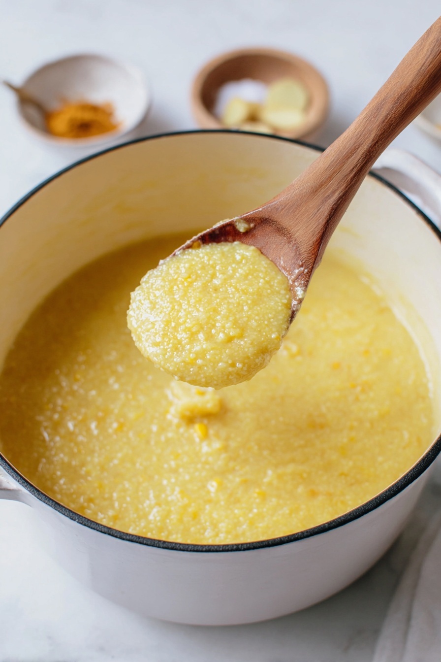 Creamy Parmesan Polenta, Parmesan Polenta, Creamy Polenta Recipe, Easy Polenta Dish, Comfort Food Recipes - A close-up view of a creamy yellow polenta served in a white speckled bowl, with a single green rosemary sprig garnish on top; the polenta looks smooth but with some texture and small lumps, with a slight shine from melted butter or oil. A gold spoon is lifting a spoonful of the thick polenta, showing its grainy, soft texture. The bowl rests on a white marbled surface, with a piece of light yellow cheese block and some green herbs nearby. Photo taken with an iphone --ar 2:3 --v 7