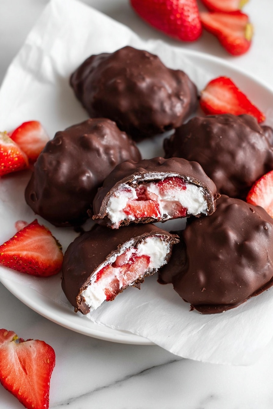 Chocolate Strawberry Yogurt Clusters, healthy fruit chocolate bites, no-bake Greek yogurt snacks, quick strawberry chocolate treats, easy freezer-friendly dessert - The image shows a close-up of two chocolate-covered treats, with one cut in half to reveal the inside layers. The outer layer is dark brown chocolate, smooth but slightly uneven in texture, fully coating the treat. Inside, there is a thick white creamy layer mixed with chunks of bright red strawberries scattered throughout, giving a fresh, fruity look. The strawberries’ red contrast vividly with the white cream and dark chocolate. Around the base, some sliced strawberries add extra color and freshness to the scene. All items rest on a white marbled surface, enhancing the colors of the treat. Photo taken with an iphone --ar 2:3 --v 7
