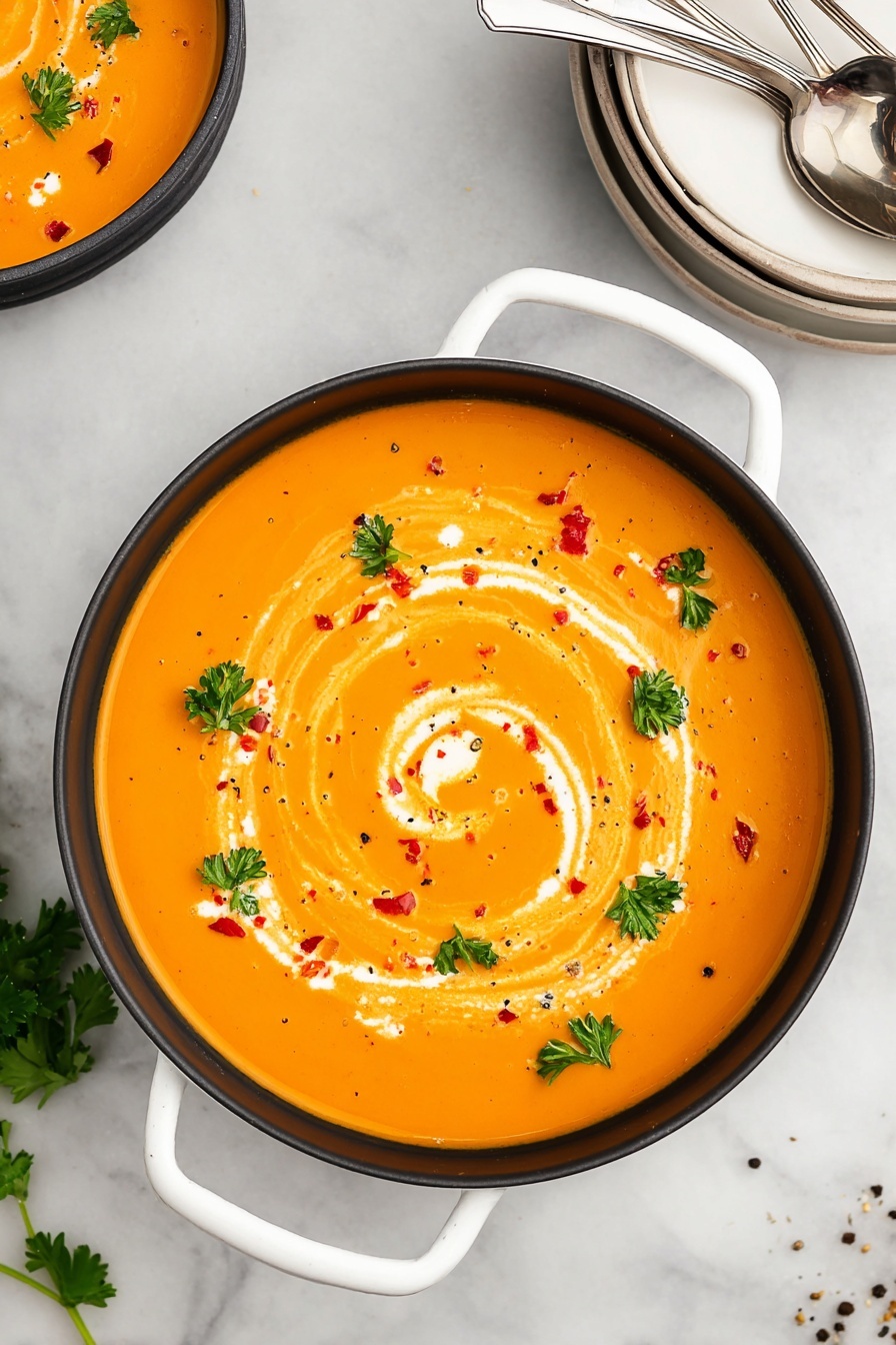 Roasted Red Pepper Gouda Soup, smoky red pepper soup, creamy Gouda soup, easy roasted red pepper soup, comforting Gouda soup - The image shows a bowl of creamy orange soup served in a black bowl with white handles, placed on a white marbled surface. The soup has a smooth texture with a swirl of white cream on top, and small pieces of red pepper scattered throughout. Green parsley leaves are sprinkled over the soup, adding a fresh look. There are also tiny black pepper specks spread on the surface. To the top right, there is a stack of white bowls with two silver spoons resting on top. Photo taken with an iphone --ar 2:3 --v 7
