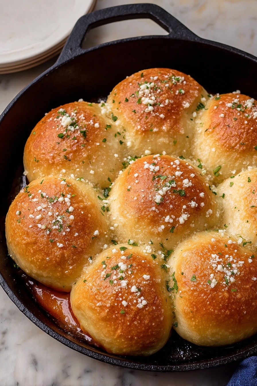 Cheesy Pizza Bombs with Garlic Butter and Pepperoni, easy pizza bombs, cheesy snack recipes, garlic butter appetizer, pepperoni bites - A round black cast iron pan filled with eight golden brown dinner rolls arranged in a circle, all touching each other. The rolls have a shiny, slightly crispy top with small white bits of cheese sprinkled over them and tiny green herb pieces scattered around. The pan rests on a white marbled surface, and part of a white dish is visible on the side. Photo taken with an iphone --ar 2:3 --v 7