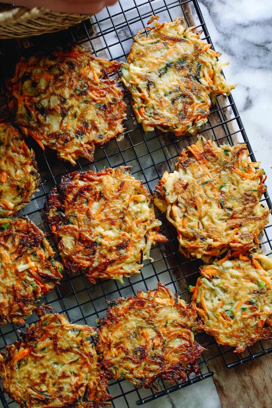 Cabbage Fritters, how to make cabbage fritters, easy cabbage fritters, crispy veggie fritters, healthy cabbage recipes - The image shows a cooling rack filled with several golden brown vegetable pancakes, round but slightly uneven in shape. Each pancake has a mix of thinly shredded vegetables, mainly orange carrot strips and pale yellow cabbage, speckled with small green pieces likely herbs or scallions. The pancakes have a crispy texture with browned edges and a chewy-looking center, resting on a wire rack above a white marbled surface. The warm golden color contrasts with the wire rack’s dark grid, and a woman's hand is partly visible near the top right corner, suggesting the pancakes are freshly made. Photo taken with an iphone --ar 2:3 --v 7