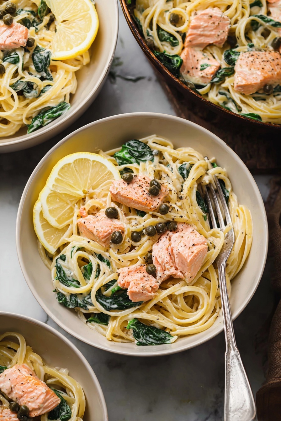 Creamy Salmon Pasta with Spinach, Salmon pasta recipe, easy salmon pasta, quick salmon pasta dish, healthy seafood pasta - A white bowl holds a creamy pasta dish with three layers visible: at the bottom, long, pale yellow noodles form a tangled base; the middle layer has dark green spinach leaves mixed through the noodles; the top layer shows several pink cooked salmon chunks sprinkled with black pepper and small dark capers, accompanied by two thin lemon slices on the edge. A silver fork rests inside the bowl. This bowl is set on a white marbled surface, with parts of two other bowls with the same dish seen in the background. Photo taken with an iphone --ar 2:3 --v 7