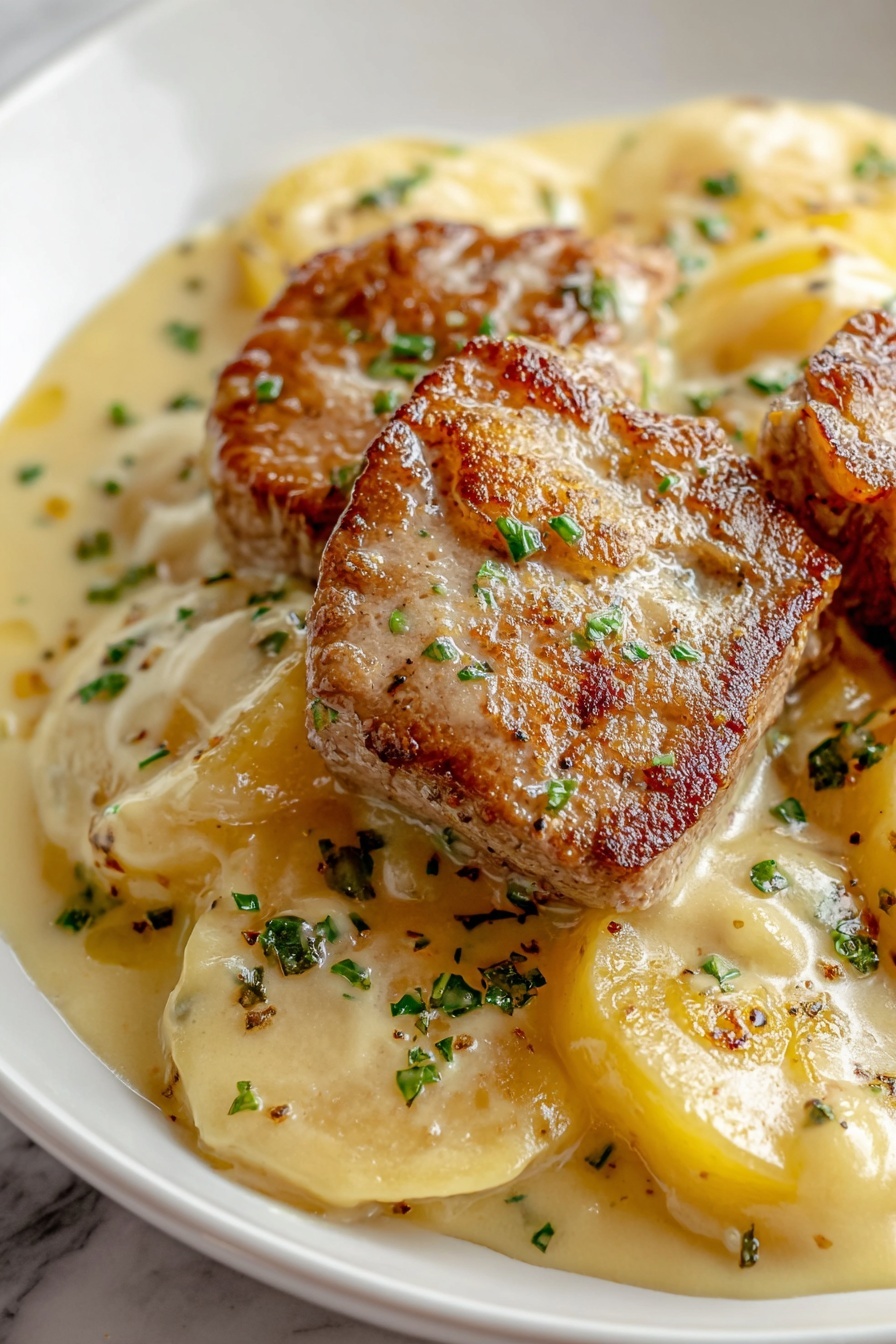 Smothered Pork Chop and Potato Casserole, pork chop casserole, cheesy potato bake, comfort food recipes, hearty pork and potato dish - The dish shows two pieces of brown, seared pork placed on top of a creamy, light yellow sauce that covers thin, round slices of potatoes. The sauce looks rich and smooth, spreading across the white plate with a slight shine. The pork and potatoes are sprinkled with small green herb pieces, adding a fresh touch. The pork has a slightly crispy and browned surface with visible seasoning. The white plate sits on a white marbled surface. photo taken with an iphone --ar 2:3 --v 7